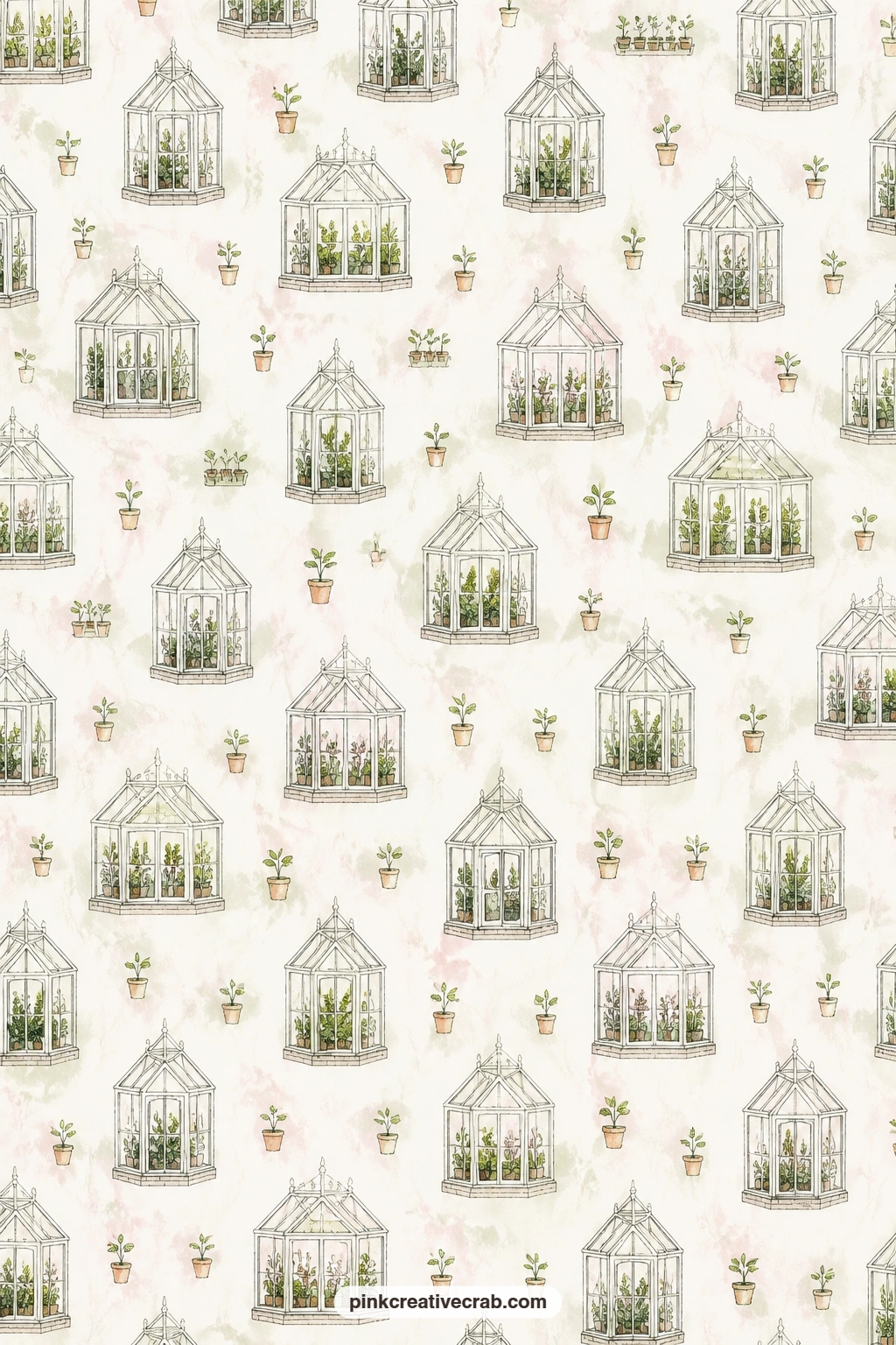 Tiny Greenhouses Pattern printable page — Small greenhouses and seedlings repeat across this mint paper, handy as a pocket lining, a cover for your journal, or