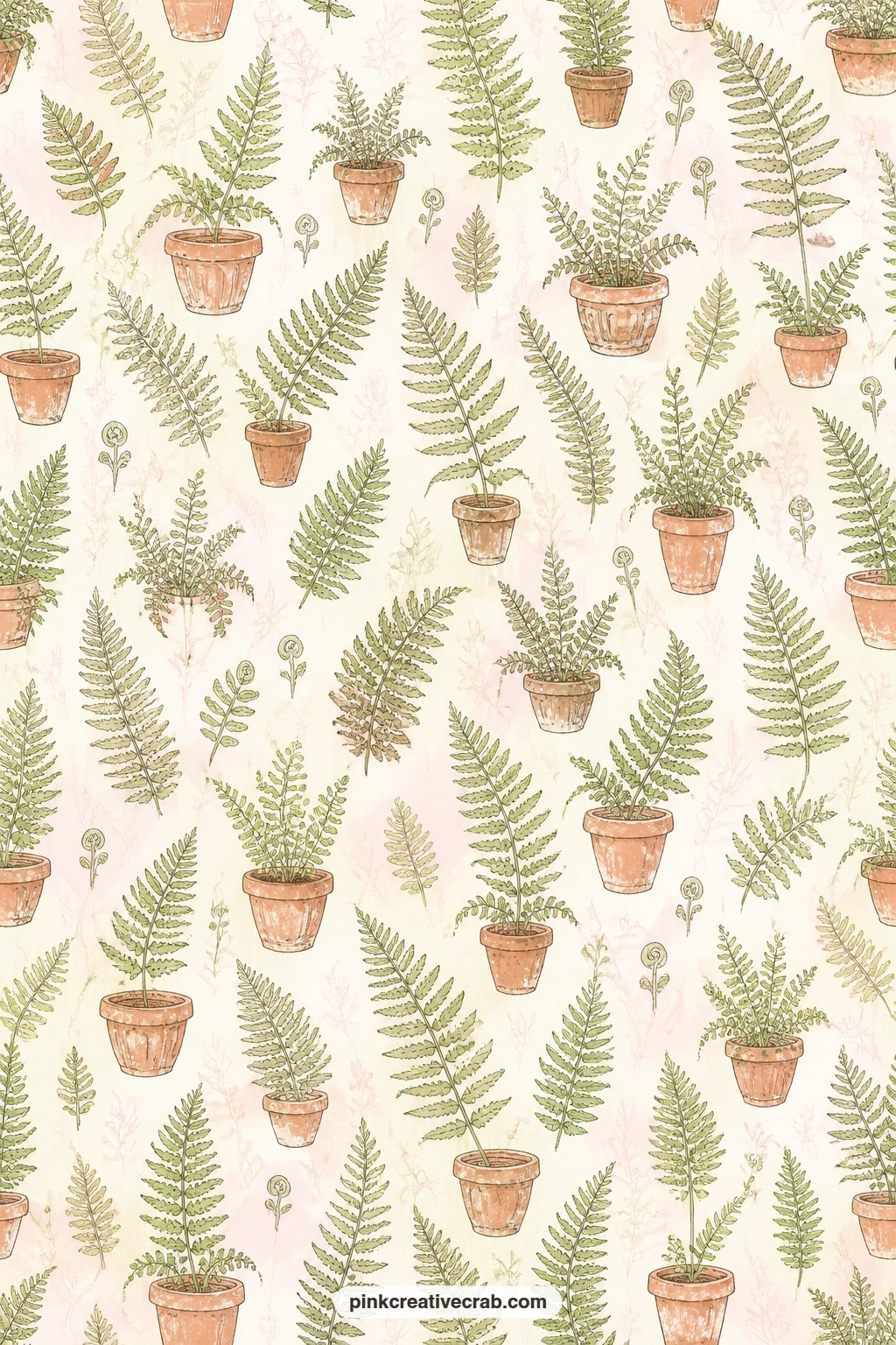 Fern And Terracotta Pattern printable page — Fern fronds and small terracotta pots scatter across this cream background, good under a photo of your own garden