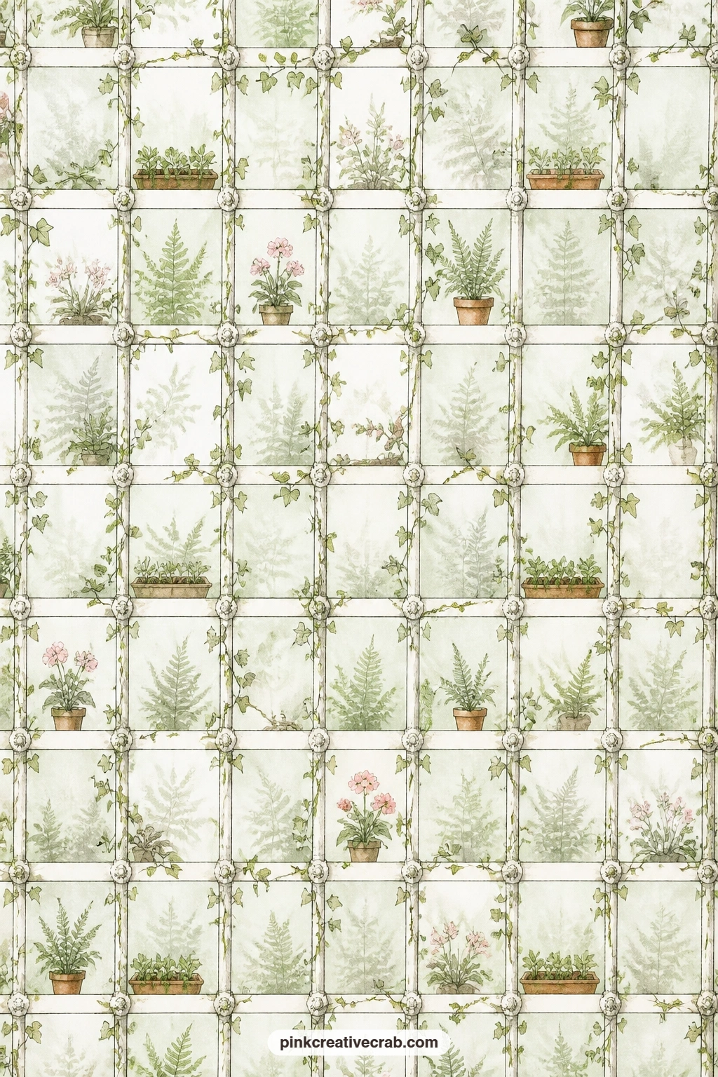 Window Pane Grid Pattern printable page — A grid of greenhouse window panes threaded with ivy covers this sage paper, well suited to a journal cover, a divider