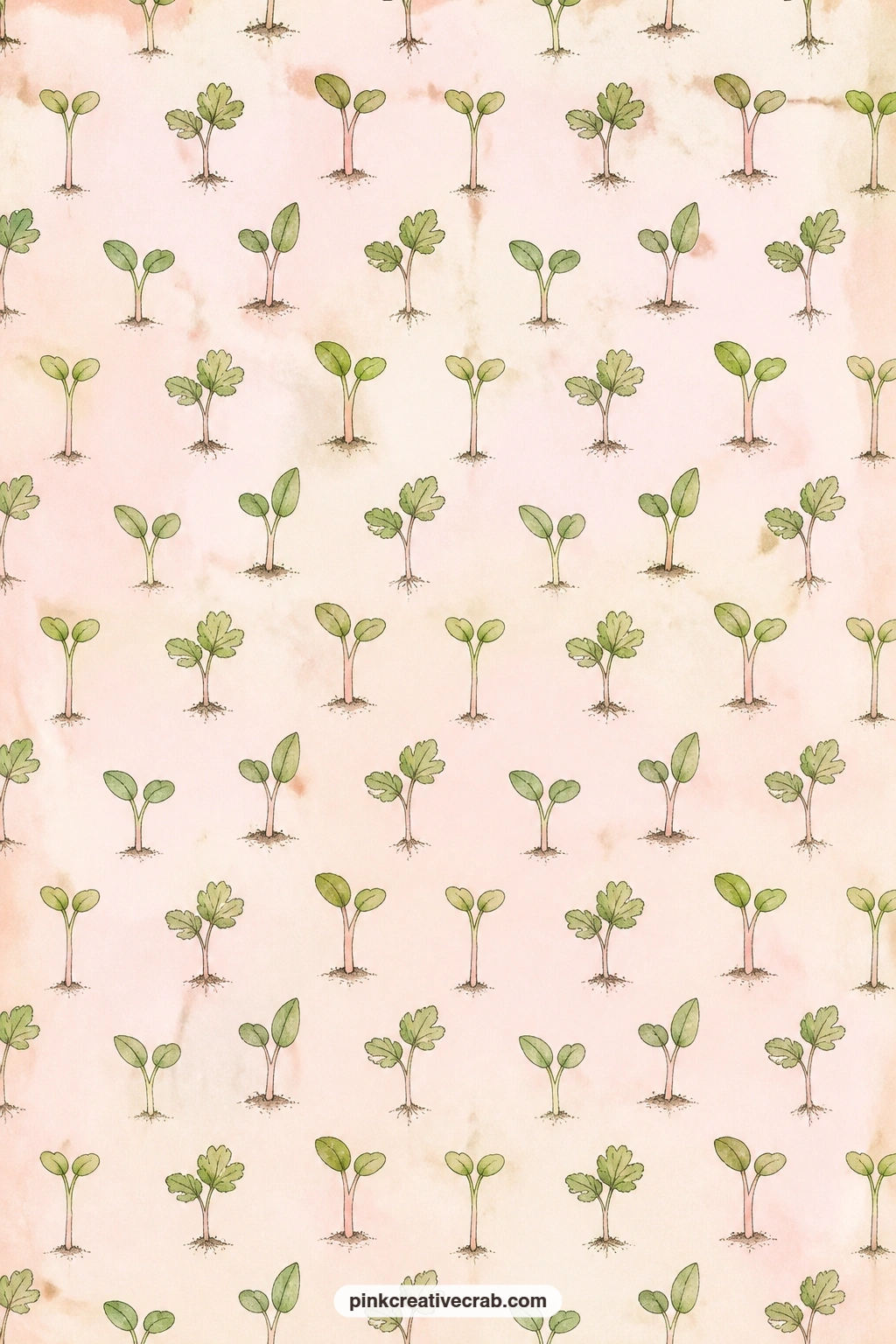 Seedling Sprouts Pattern printable page — Little seedling sprouts repeat in loose rows across this soft peach paper, suited to a pocket lining, a cover for a