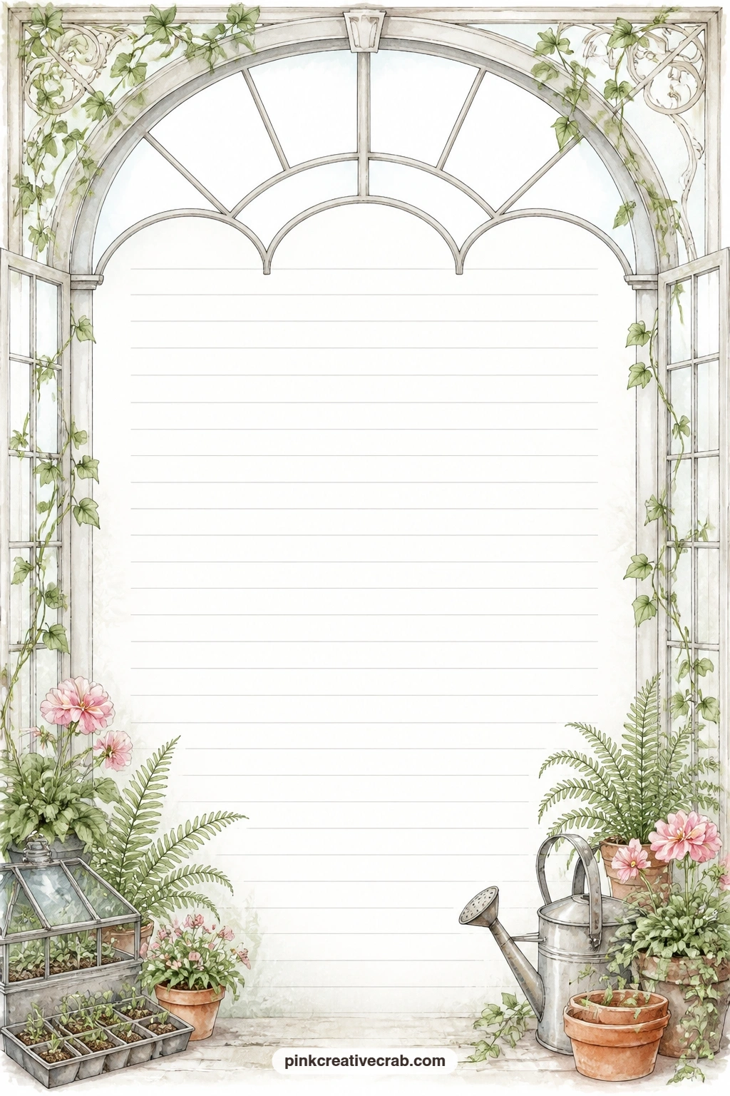 Arched Window Frame Lined Page printable page — A greenhouse arched window frame borders this lined page, leaving the ruled lines free for a gift list of seeds