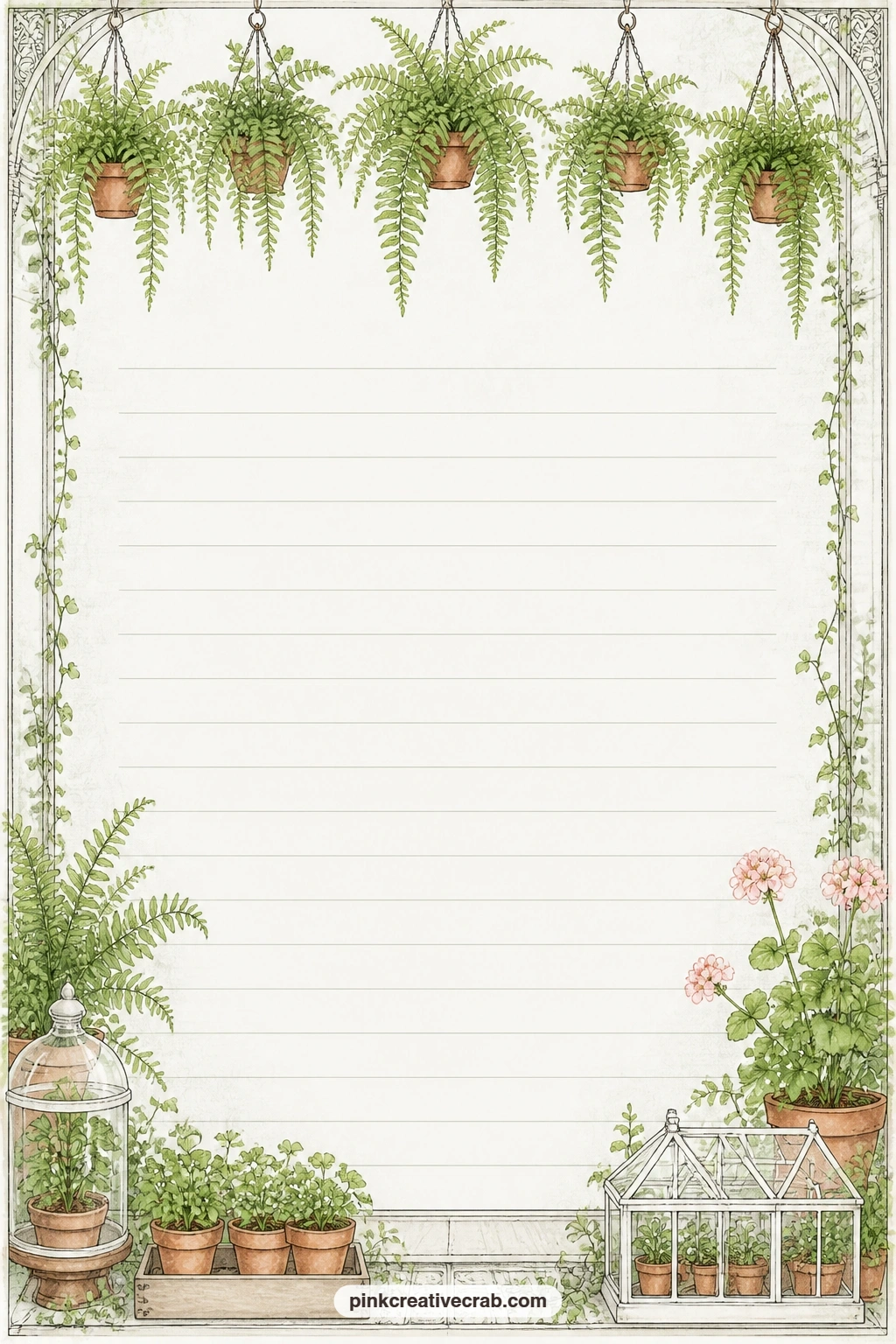 Hanging Ferns Top Border Lined Page printable page — Hanging ferns trail along the top border of this lined page, a good spot for a watering schedule, a short