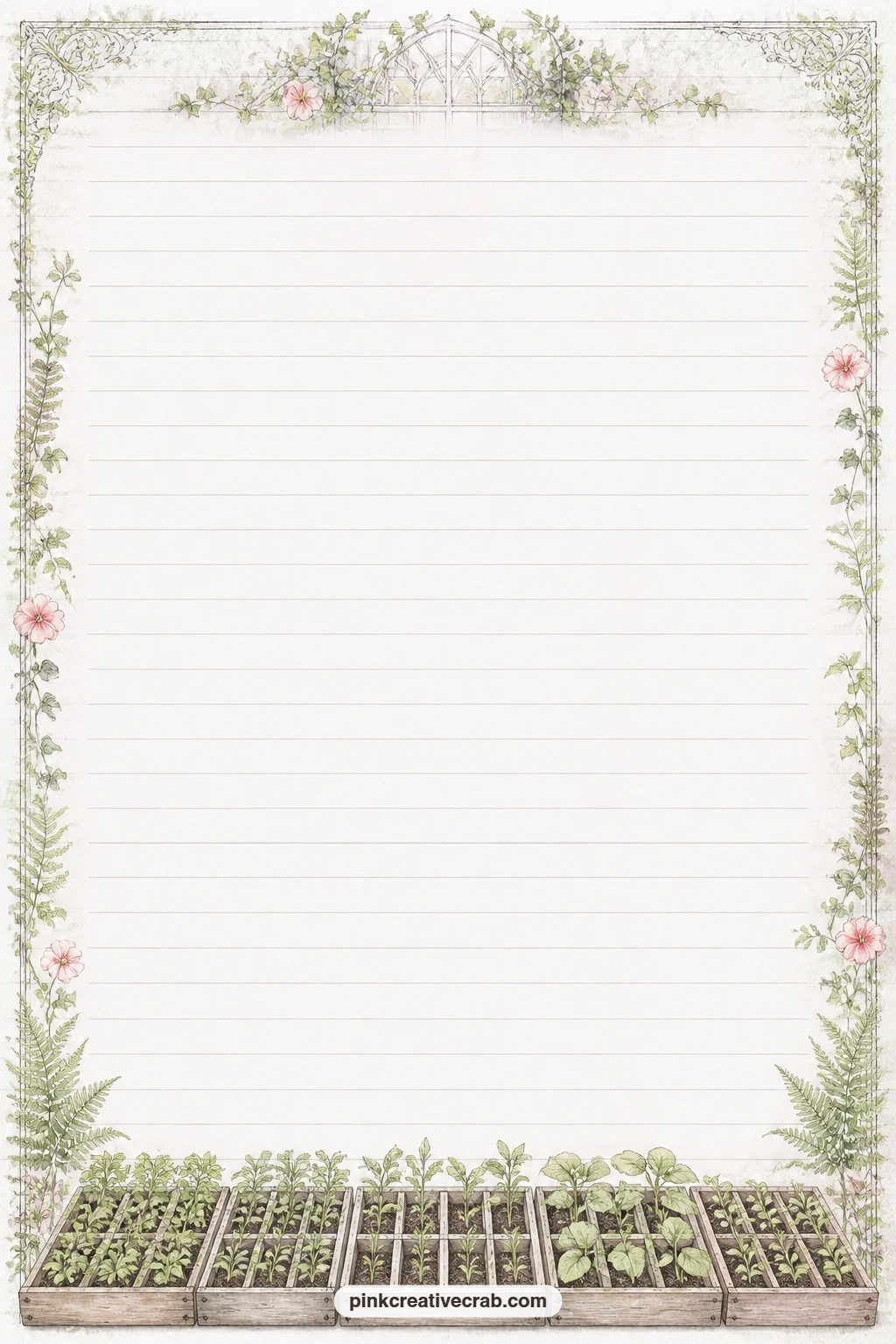 Seedling Tray Bottom Border Lined Page printable page — A row of seedling trays runs along the bottom border of this lined page, leaving room above for a