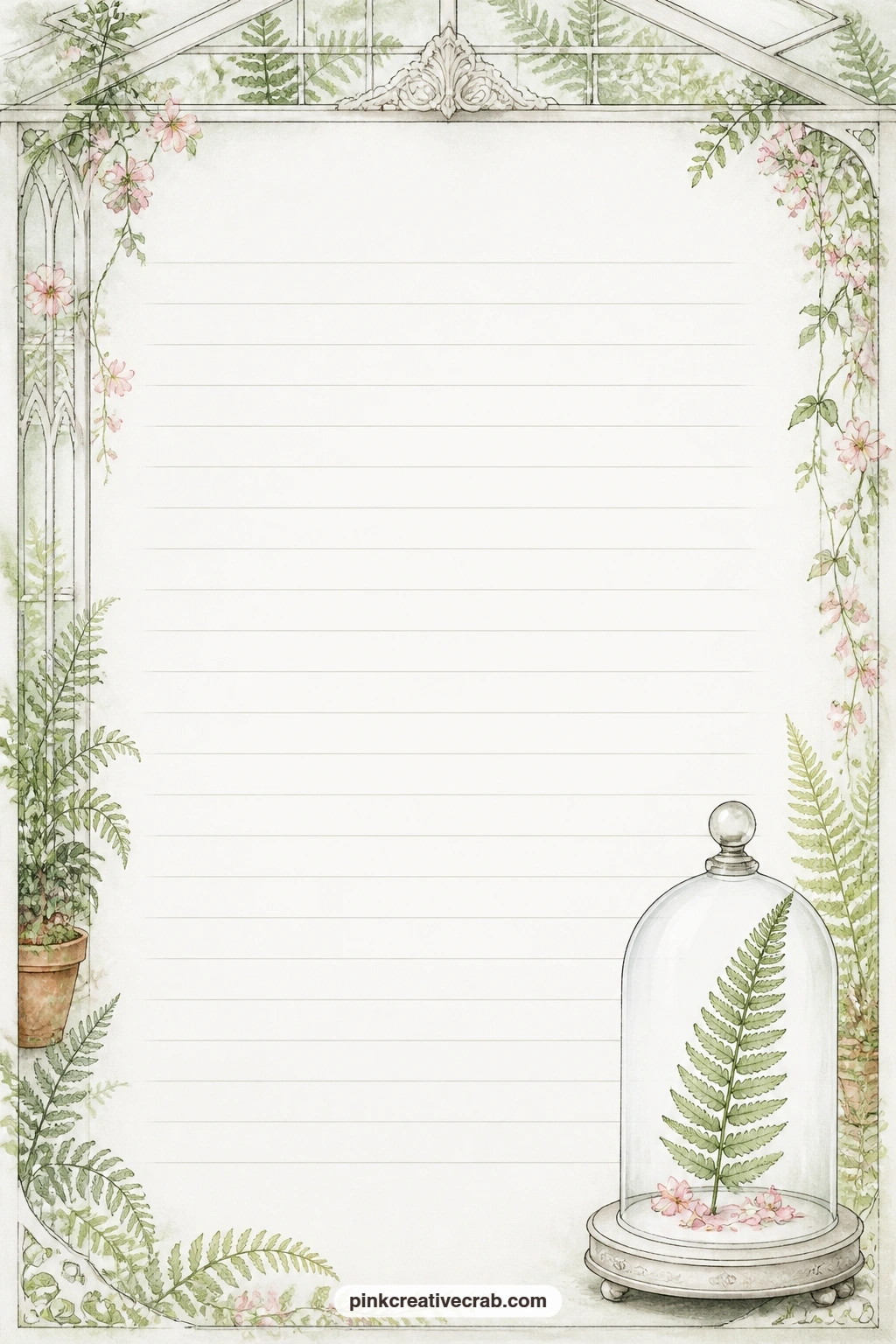 Glass Cloche Corner Lined Page printable page — A small glass cloche and a fern frond sit tucked into one corner of this lined page, leaving the rest open for