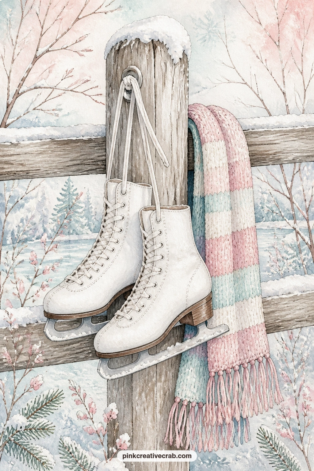 Skates On The Fence Post printable page — White lace-up skates hang from a snowy fence post with a striped scarf looped beside them, waiting for the ice to