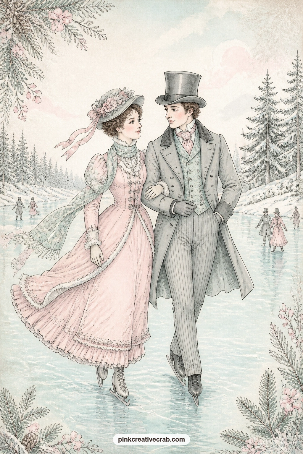 Victorian Couple On The Pond printable page — Pair this one with the frozen pond swirl background a few pages on, trimming a strip of it to run along the