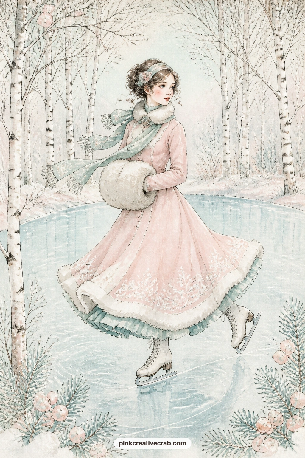 Fur Muff Girl Among Birches printable page — A girl in a fur muff glides across a pond ringed by white birch trunks, her breath showing pale against the cold