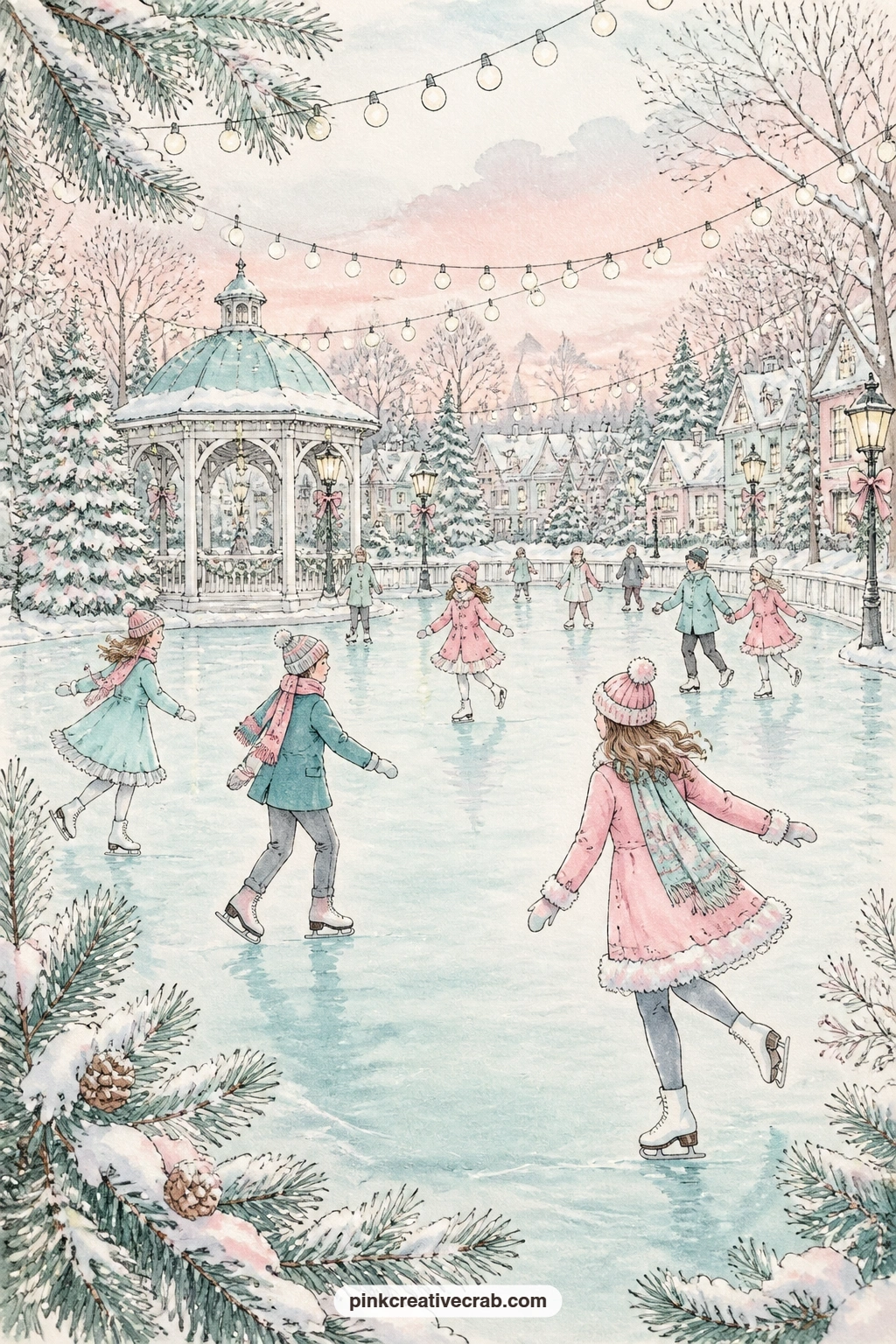 Village Rink With String Lights printable page — The usual mistake with a village rink page is cramming in too many skaters until the gazebo and the lights get
