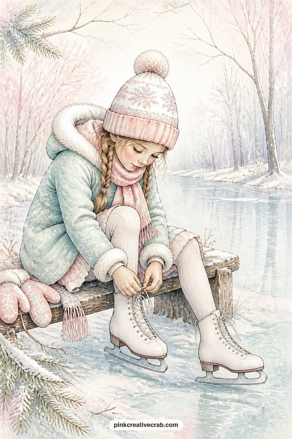 Girl Tying Her Skates printable page — Give this page to a granddaughter's page in a gift journal: a little girl bent over tying her own laces for the first