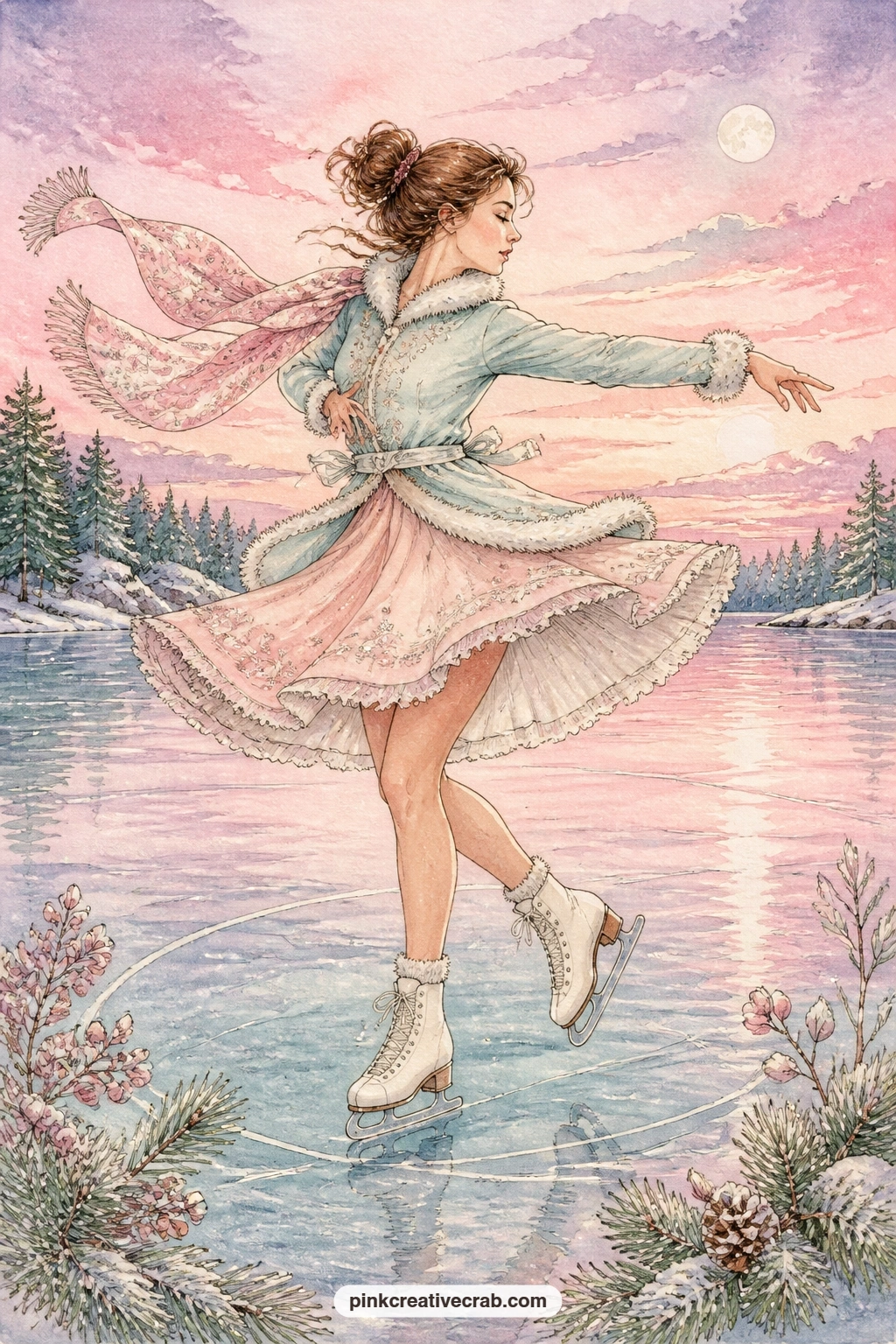 Spinning Skater At Pink Dusk printable page — A figure skater spins on a frozen lake under a pink dusk sky, her coat flaring out while the last light catches
