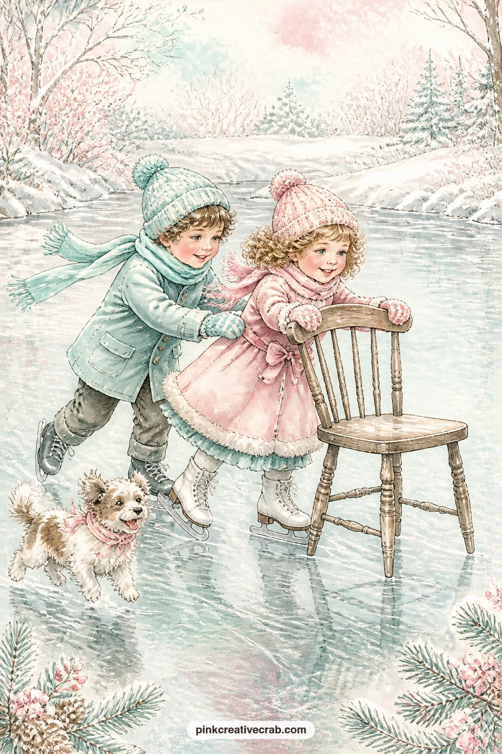 Children Pushing A Chair On Ice printable page — Write the entry on this page as a question: who taught you to skate, and did they hold a chair steady the way