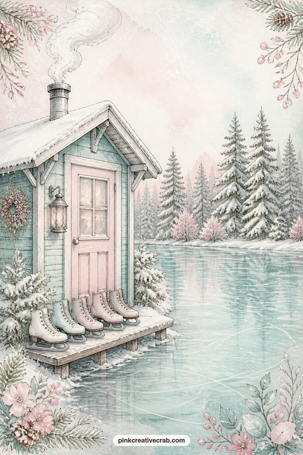Warming Hut By The Pond printable page — Smoke curls from a little warming hut beside the skating pond, with a row of skates left drying by its door after a