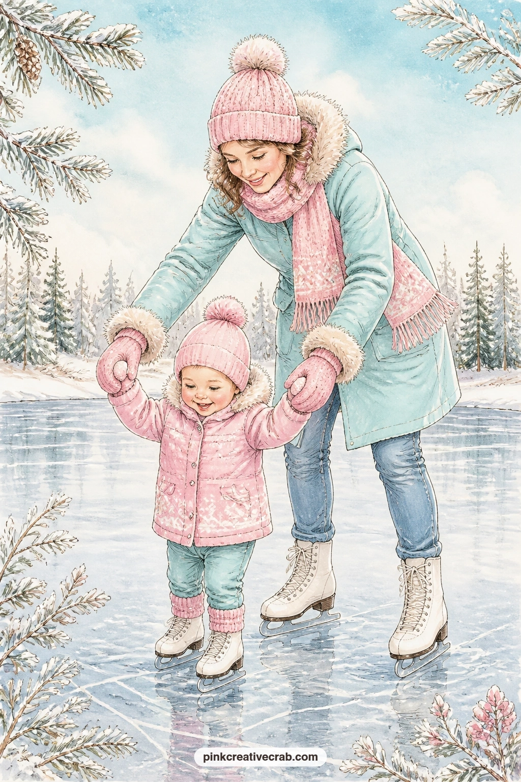 Mother Teaching A Toddler To Skate printable page — Tea-stain just the bottom corner of this page before printing is not possible at home, but a light wash of