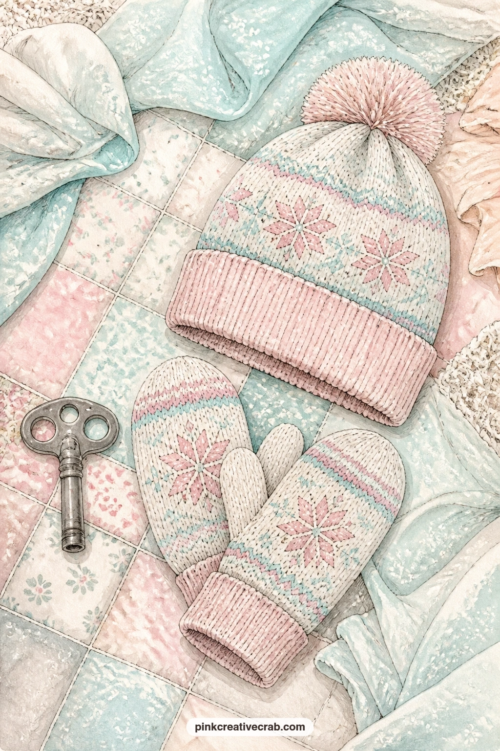 Skate Key And Pom Pom Hat printable page — A vintage skate key rests on a quilt beside a pair of mittens and a pom pom hat, small relics of skating seasons
