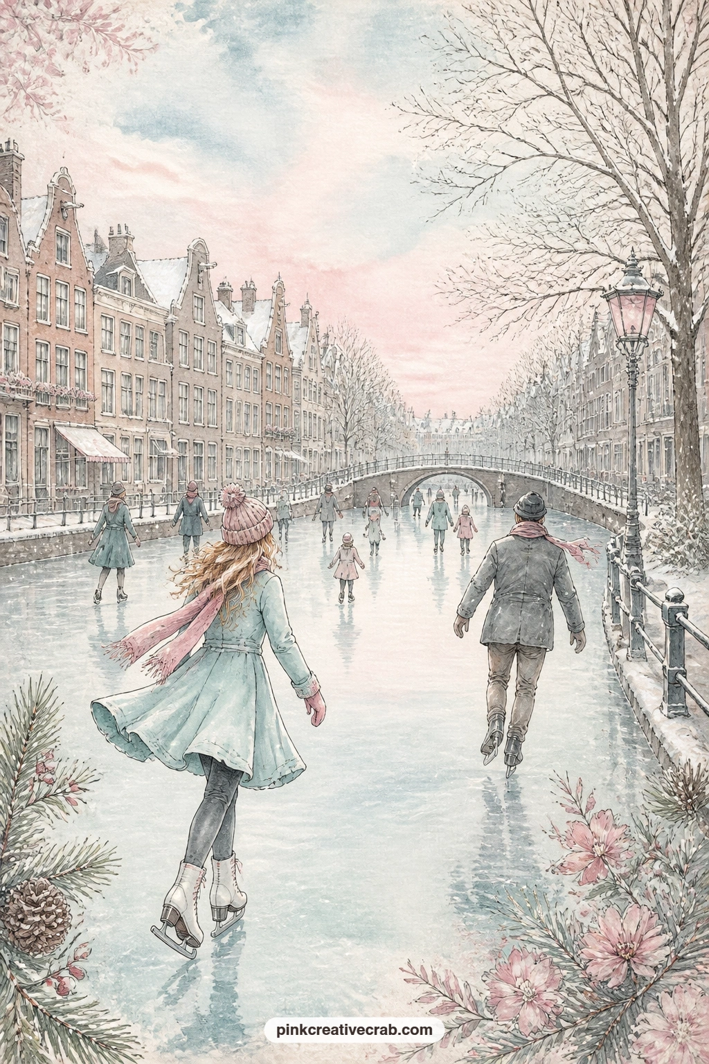 Skaters On The Frozen Canal printable page — For the five-minute version of this page, skip the brick houses in pencil first and just glue it straight in: the