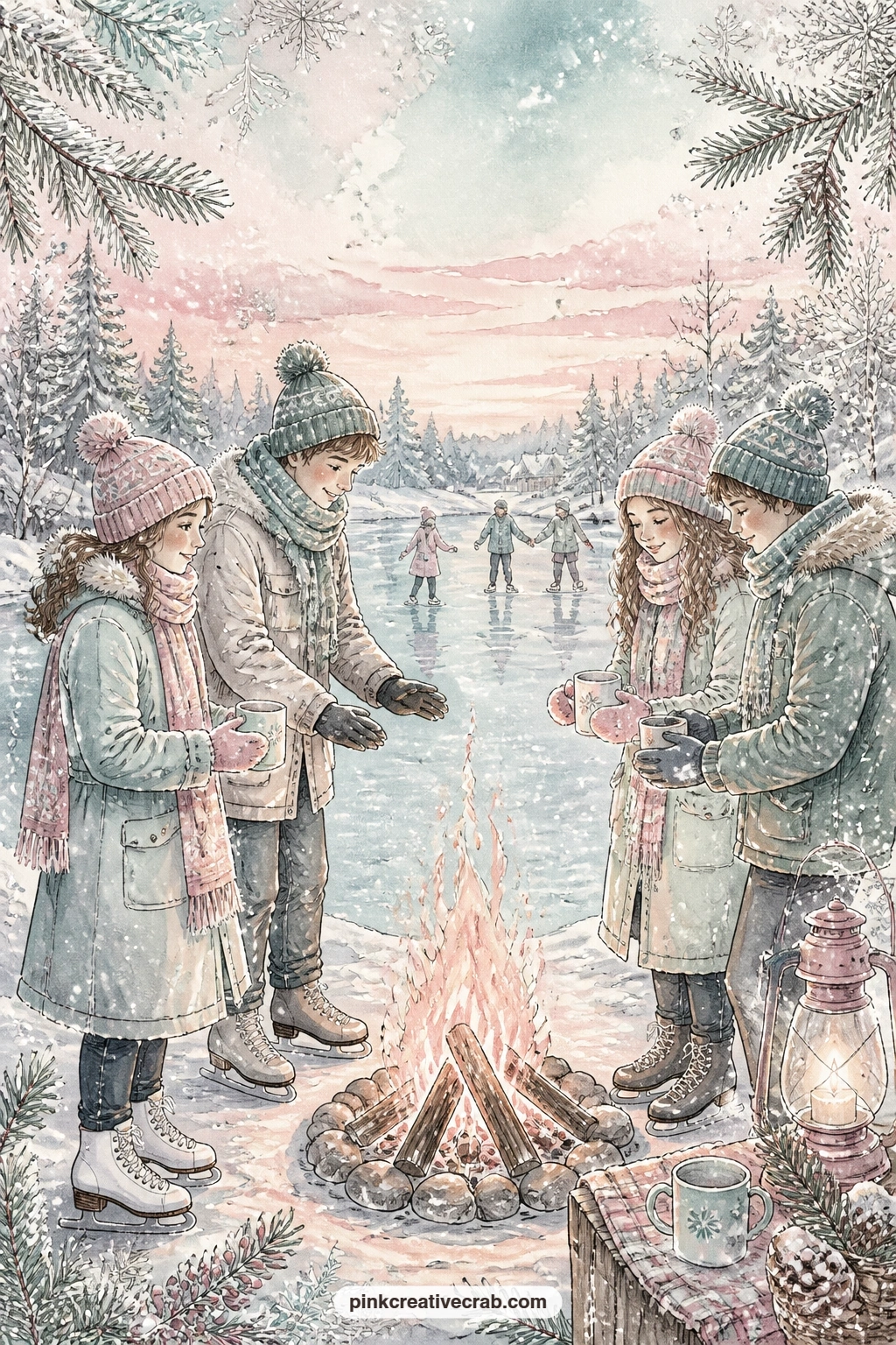 Bonfire By The Pond printable page — A bonfire crackles beside the pond while skaters gather close to warm their hands, cups of cider passed between mittened