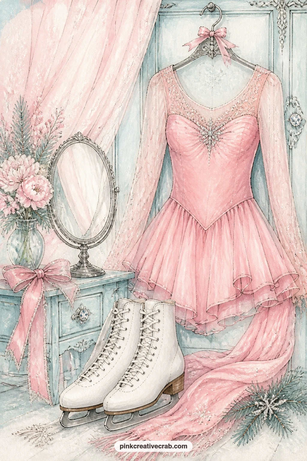 Pink Dress In The Dressing Room printable page — This one suits a daughter or granddaughter's page in a gift journal, the pink skating dress and white skates
