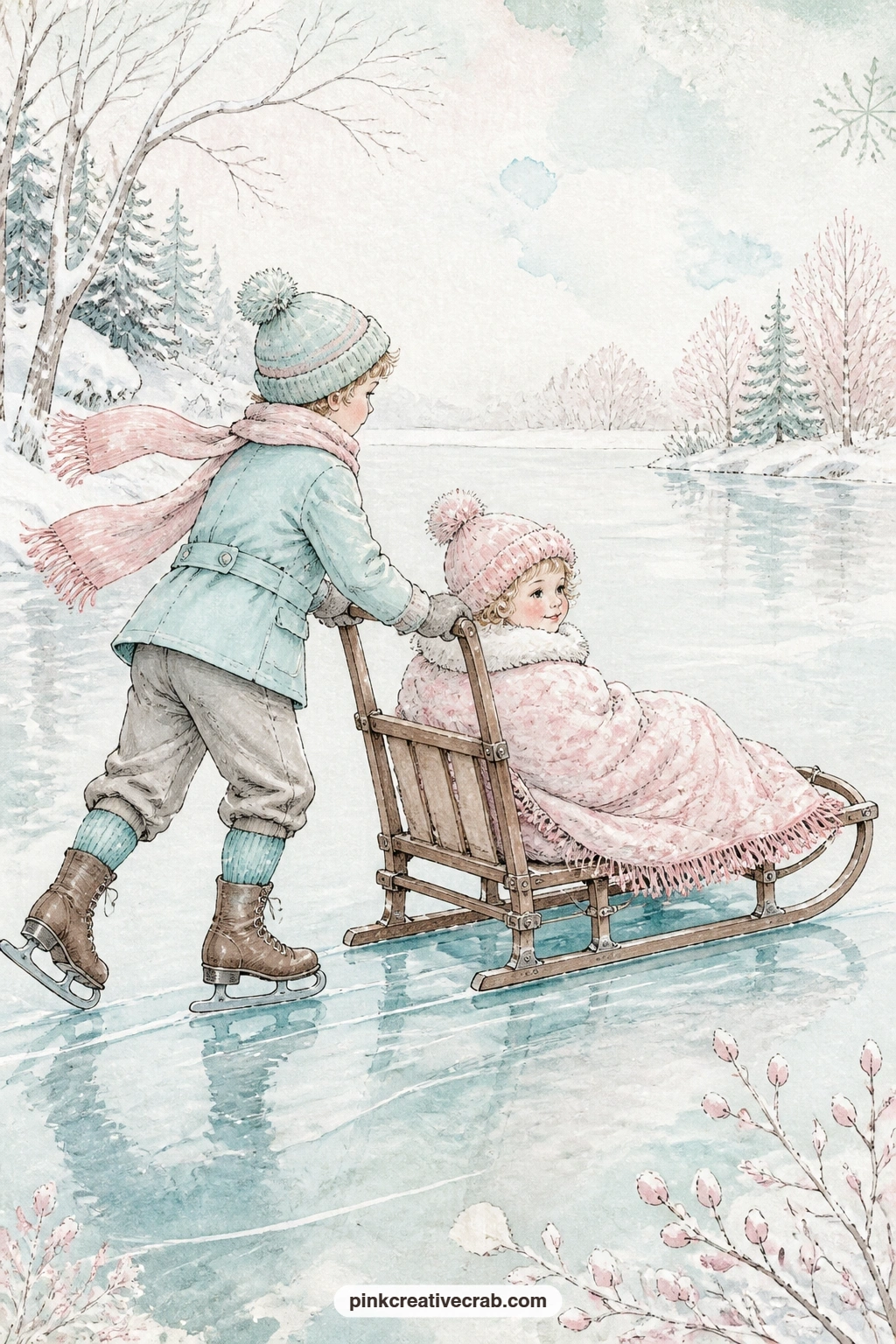 Push Sled On The Ice printable page — An old wooden push sled carries a child bundled deep in blankets across the ice, someone just out of frame steering from
