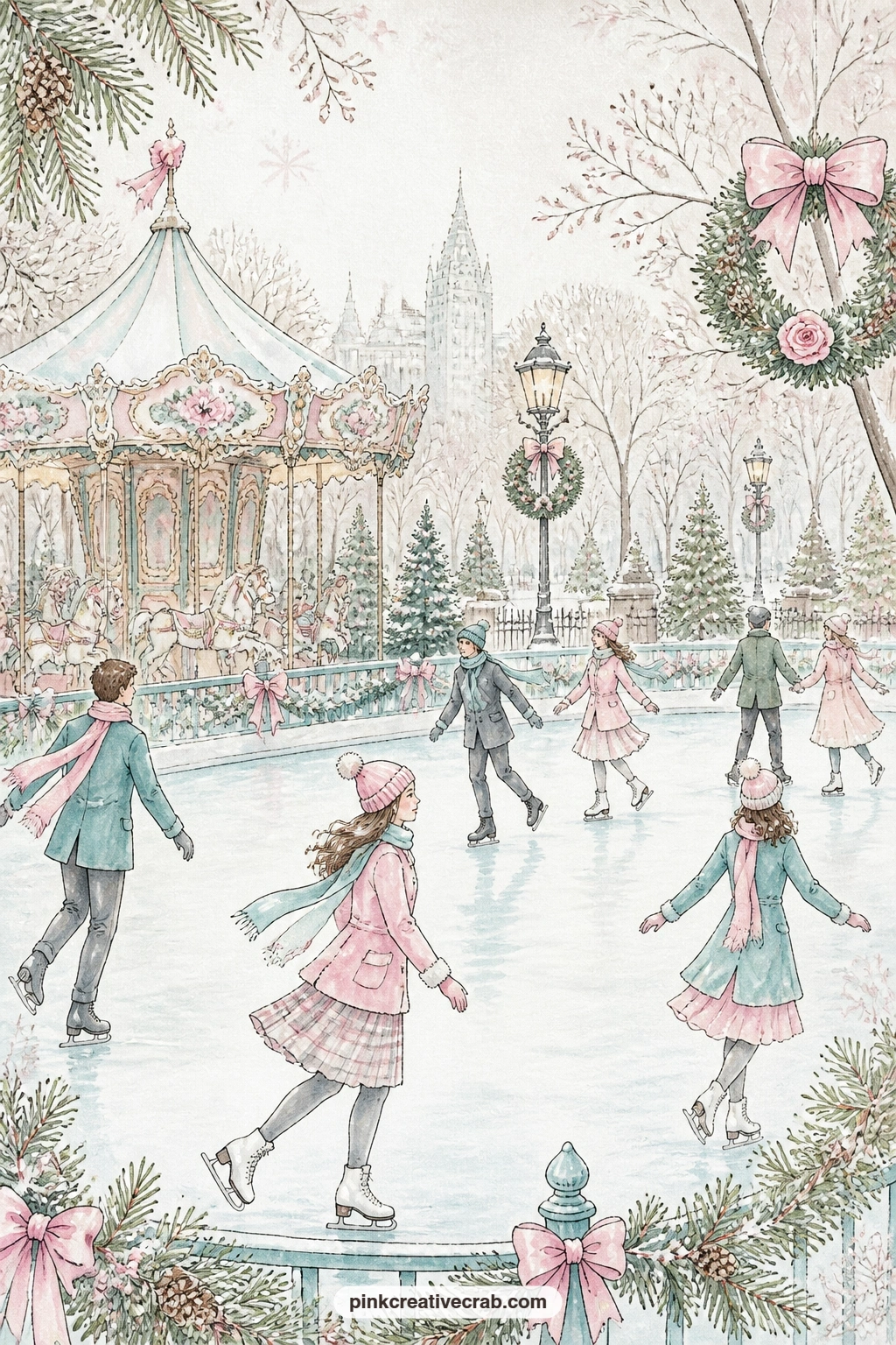 City Park Rink With Carousel printable page — A city park rink spreads out beneath a carousel and evergreen wreaths, skaters circling while the painted lights