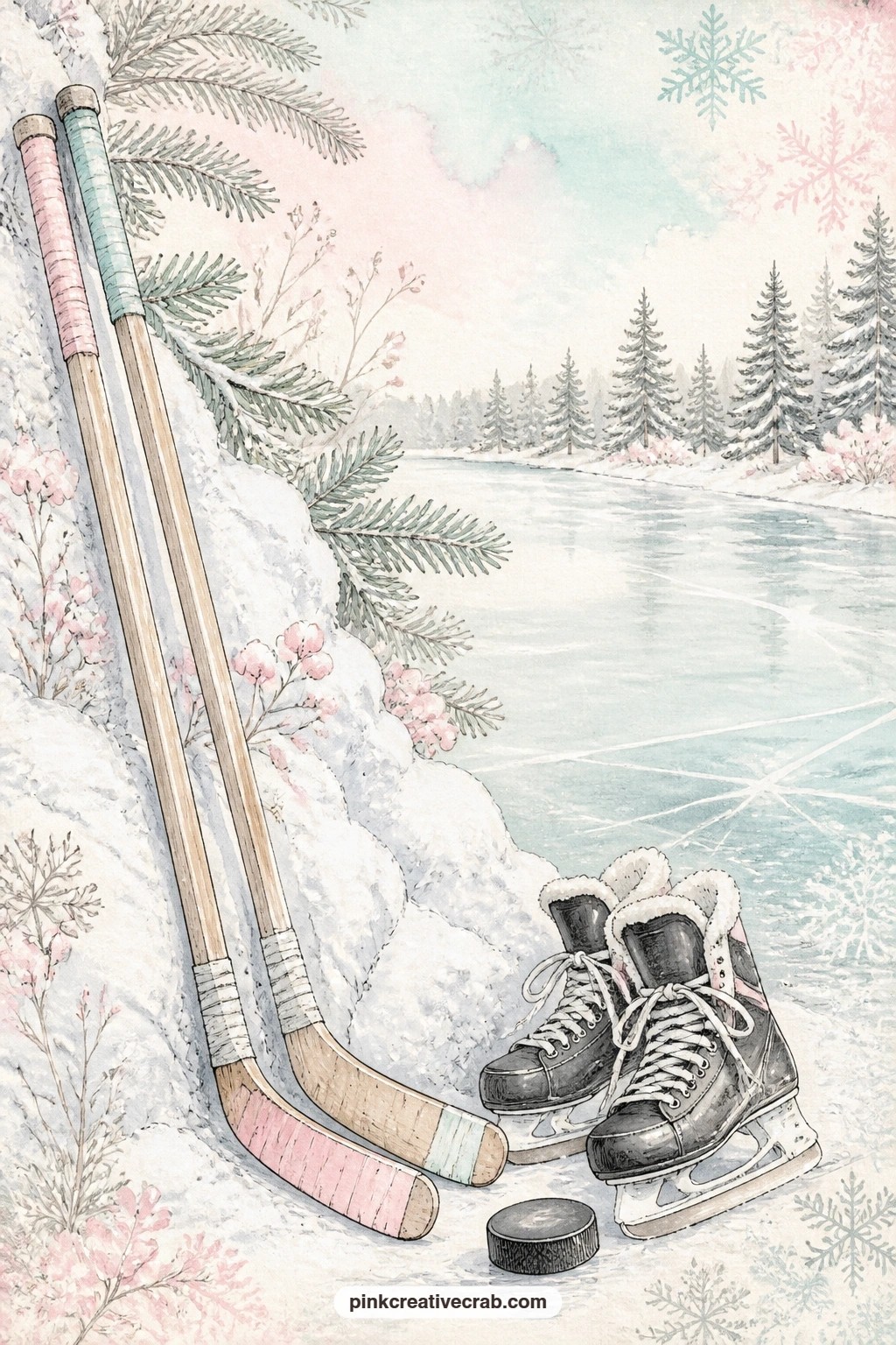 Pond Hockey Sticks On The Snowbank printable page — Glue in a scorecard or a list of names for a family pond hockey game here, the sticks and puck leaning