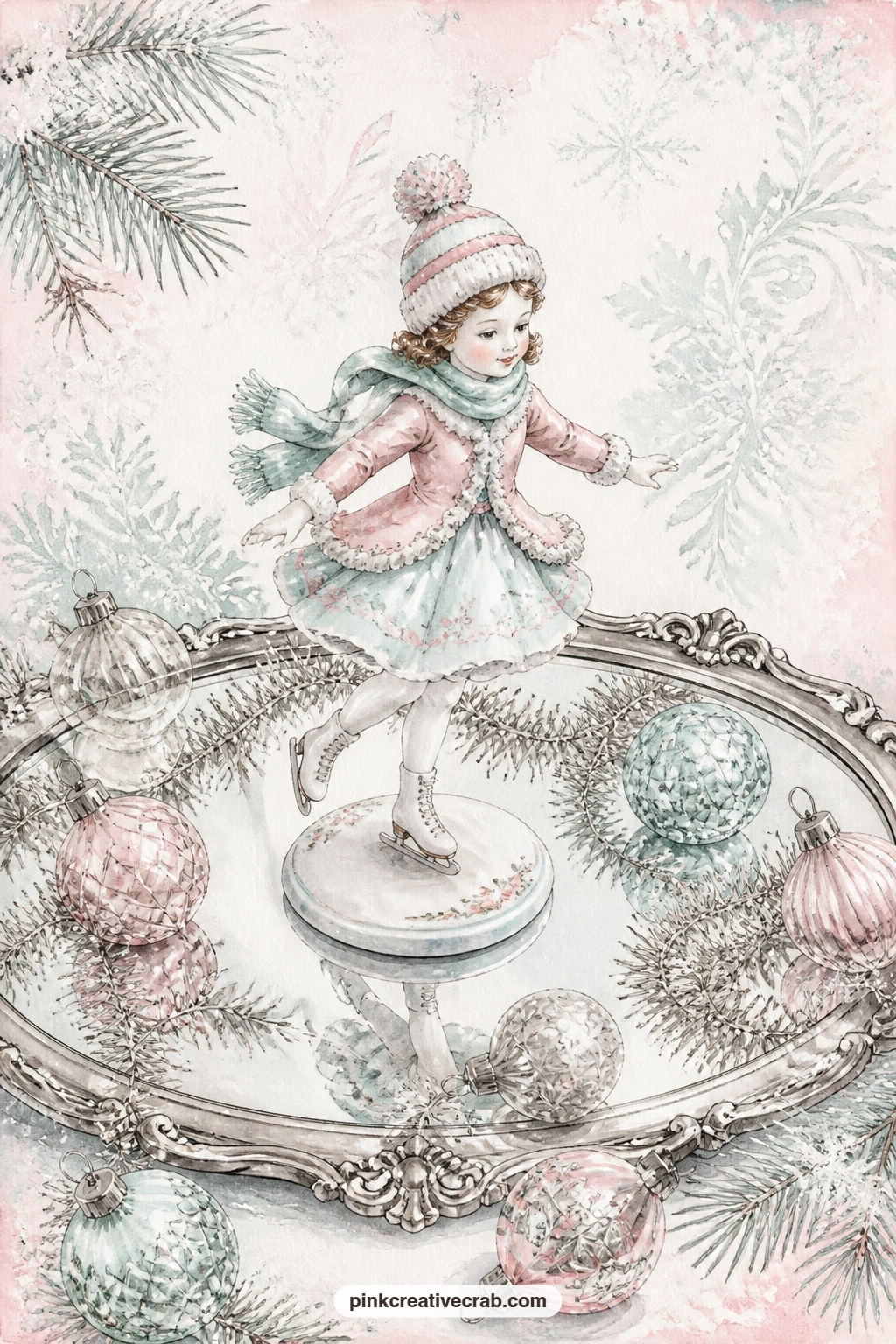 Skater Figurine On The Mirror Tray printable page — A small skater figurine stands on a mirror tray scattered with tinsel and glass ornaments, catching the