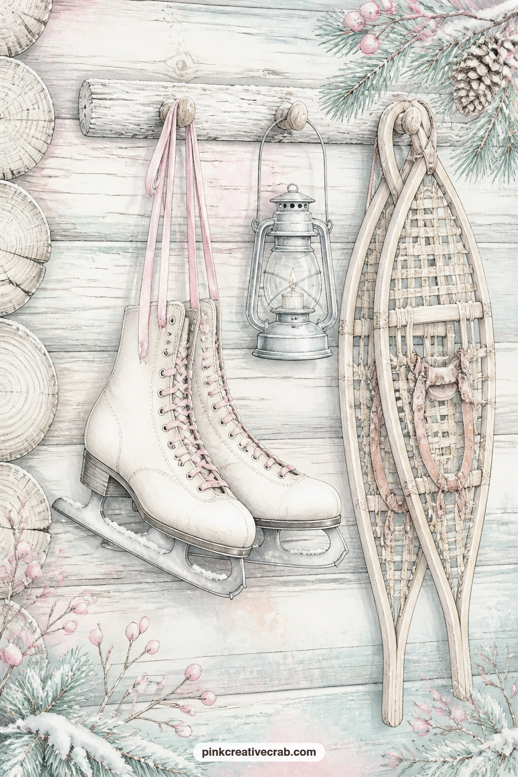 Skates On The Cabin Peg printable page — Hung by the laces from a cabin peg, these skates share their hook with a lantern and a pair of snowshoes, three