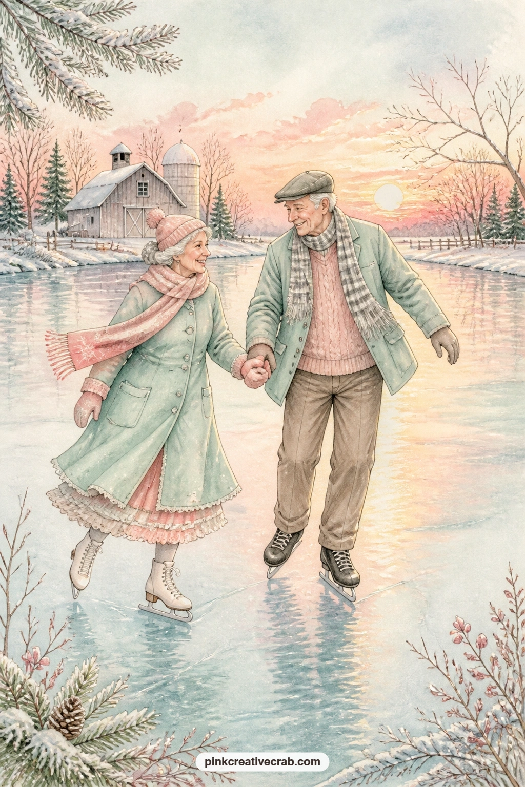 Grandparents On The Farm Pond printable page — Give this page to grandparents in a gift journal, hand in hand on a frozen farm pond while the sun drops low and