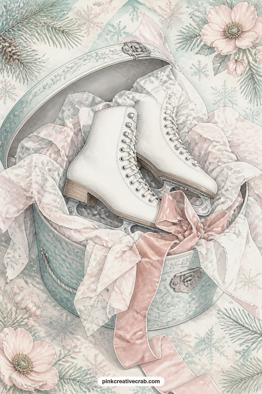 Hatbox With Tissue And Skates printable page — Fold this page shut like a real box lid before gluing it in, with the velvet ribbon left loose enough to tie