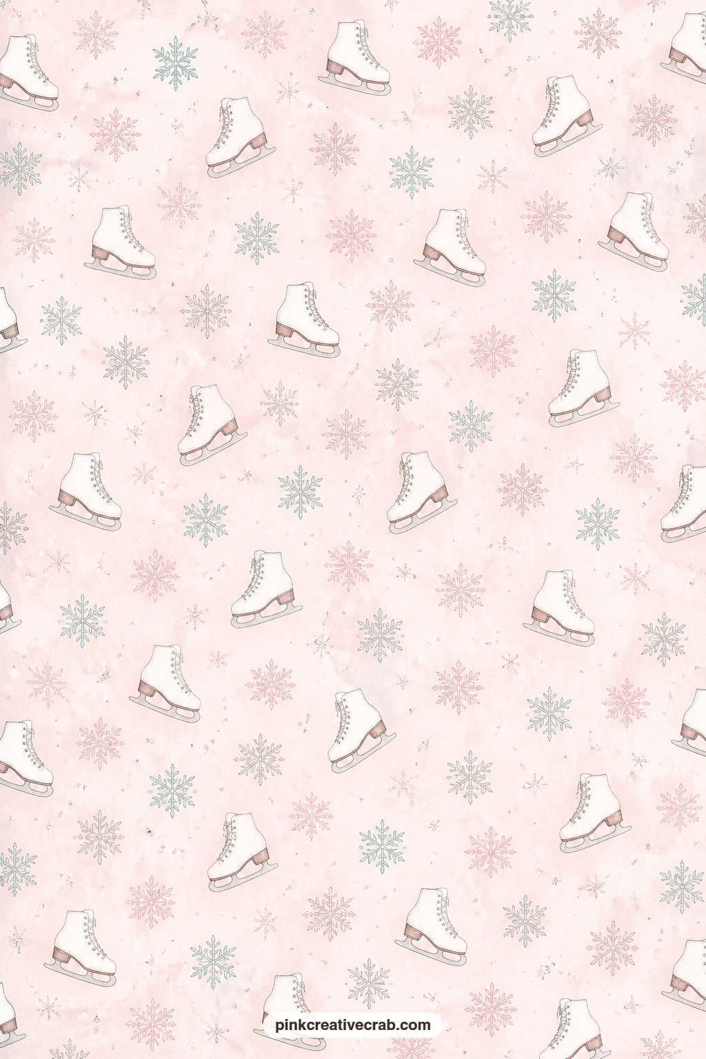Blush Skates And Snowflakes Pattern printable page — White ice skates and small snowflakes repeat across a blush pink ground, made for a journal cover, a