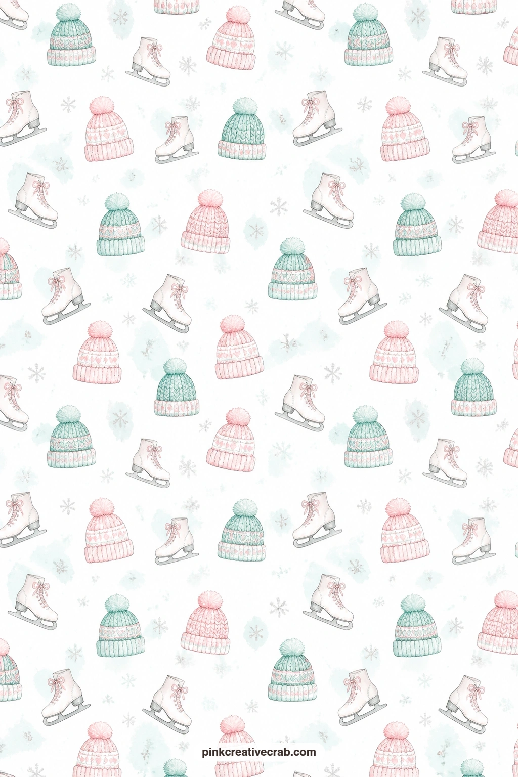 Mint Pom Pom Hats Pattern printable page — Pom pom hats and small skates repeat across soft mint green, useful under a photo mat, inside a pocket or wrapped