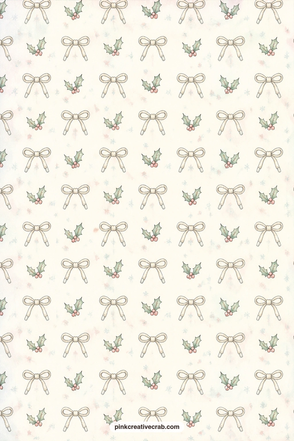Cream Skate Laces And Holly Pattern printable page — Skate laces tied into small bows alternate with sprigs of holly across cream paper, good for a cover, a
