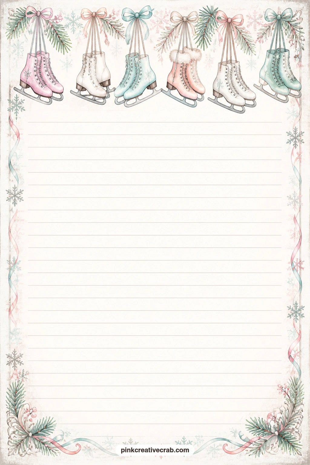 Hanging Skates Top Border Lined Page printable page — A row of skates hung by their laces runs along the top of this page, leaving the ruled lines below free