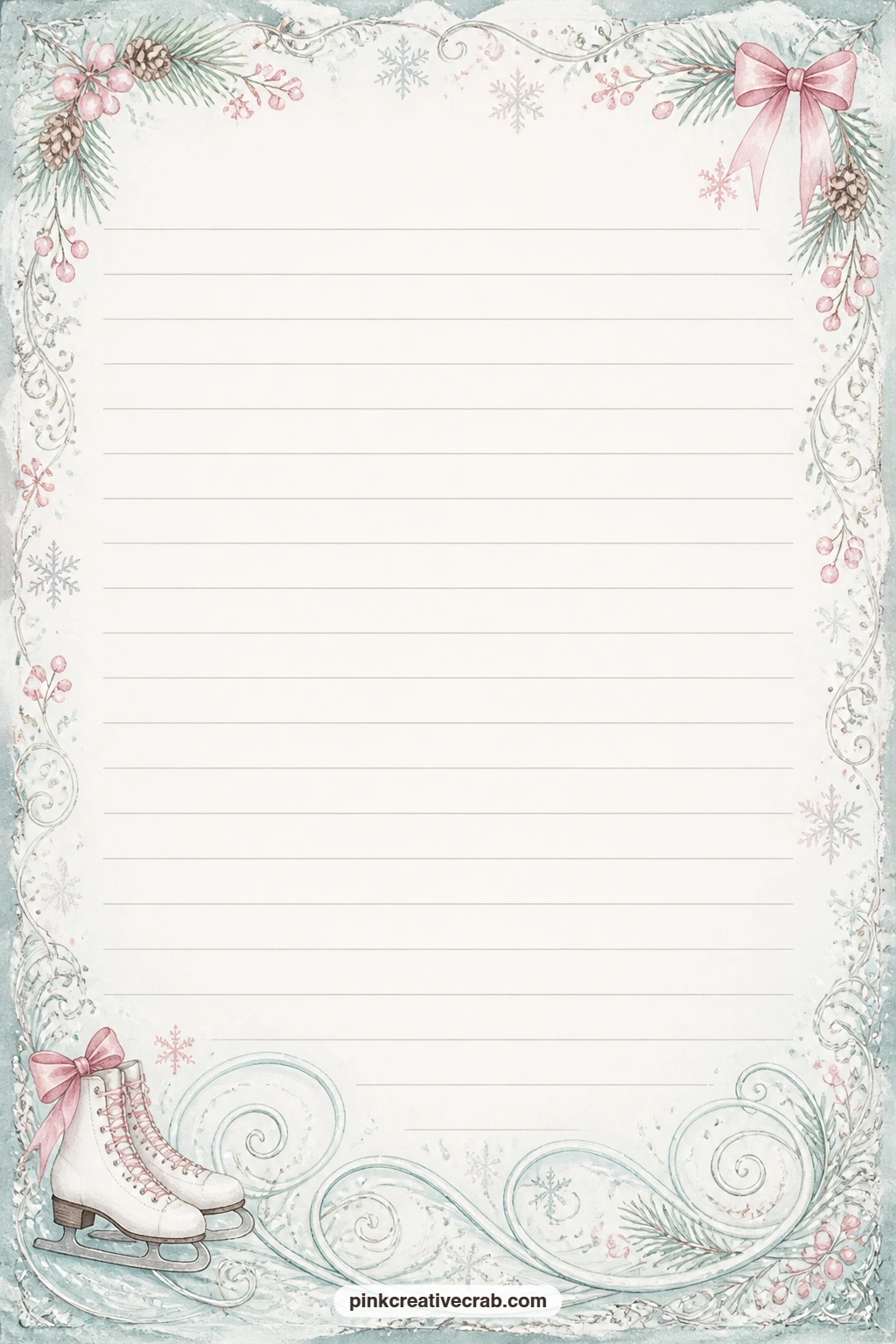Frozen Pond Swirls Bottom Border Lined Page printable page — Skating swirl lines trace along the bottom edge like marks left on the ice, good for a short