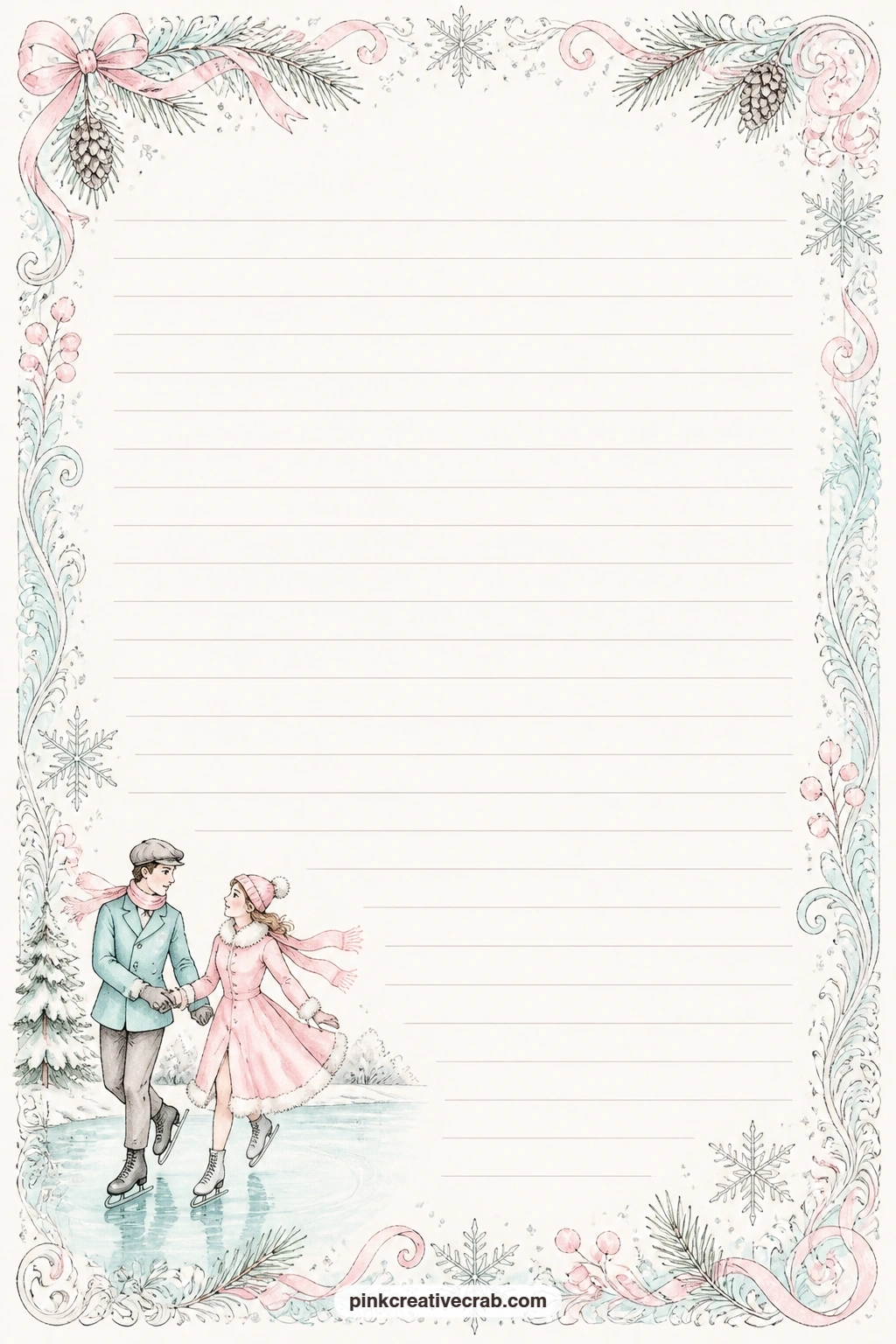 Vintage Skater Corner Lined Page printable page — A small vintage skater couple tucks into one corner of the page, leaving the ruled lines open for a menu for