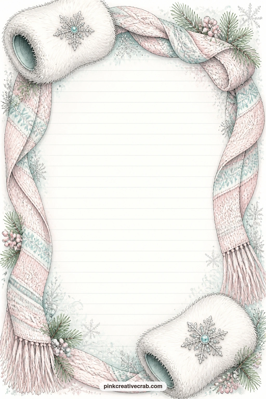 Fur Muff Frame Lined Page printable page — A fur muff and a knit scarf frame the edges of this page, leaving room in the middle for a packing list, a weekend