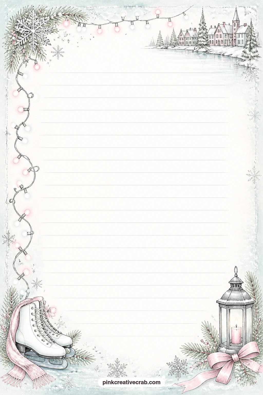 Village Rink Lights Border Lined Page printable page — A string of lights loops along one side of the page the way they do over a village rink, leaving space