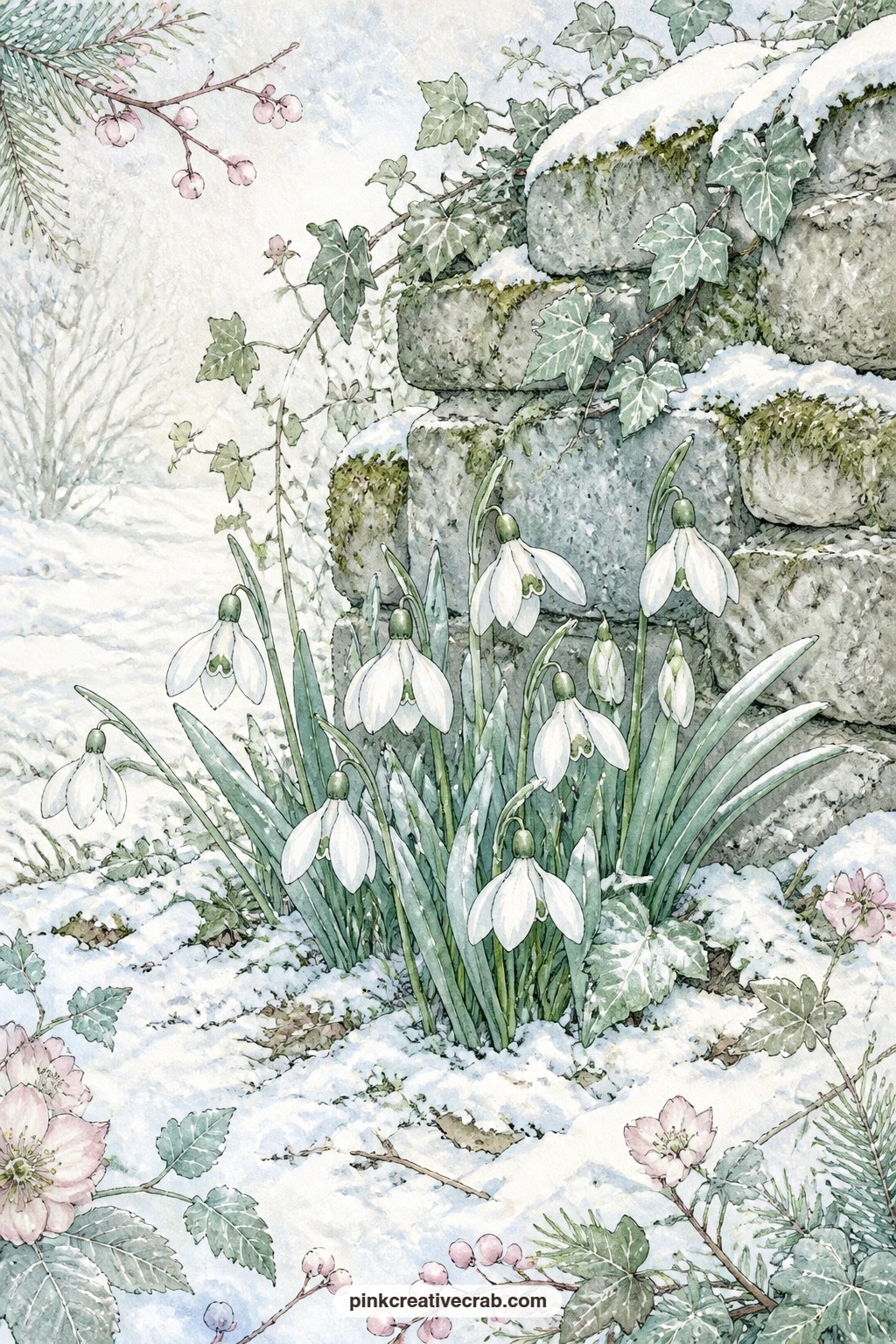 Snowdrops At The Stone Wall printable page — Snowdrops push through a crust of snow at the base of a mossy stone wall, the first sign the garden has not given
