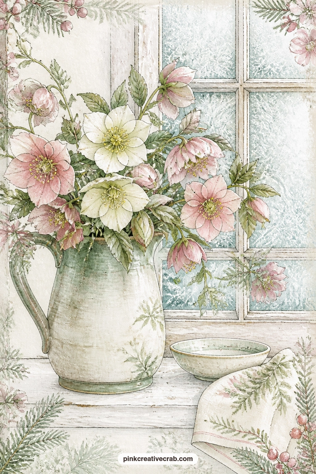 Hellebores On The Windowsill printable page — Pair this page with the frosted holly pattern further on in the set: let the jug sit on a scrap of the pattern