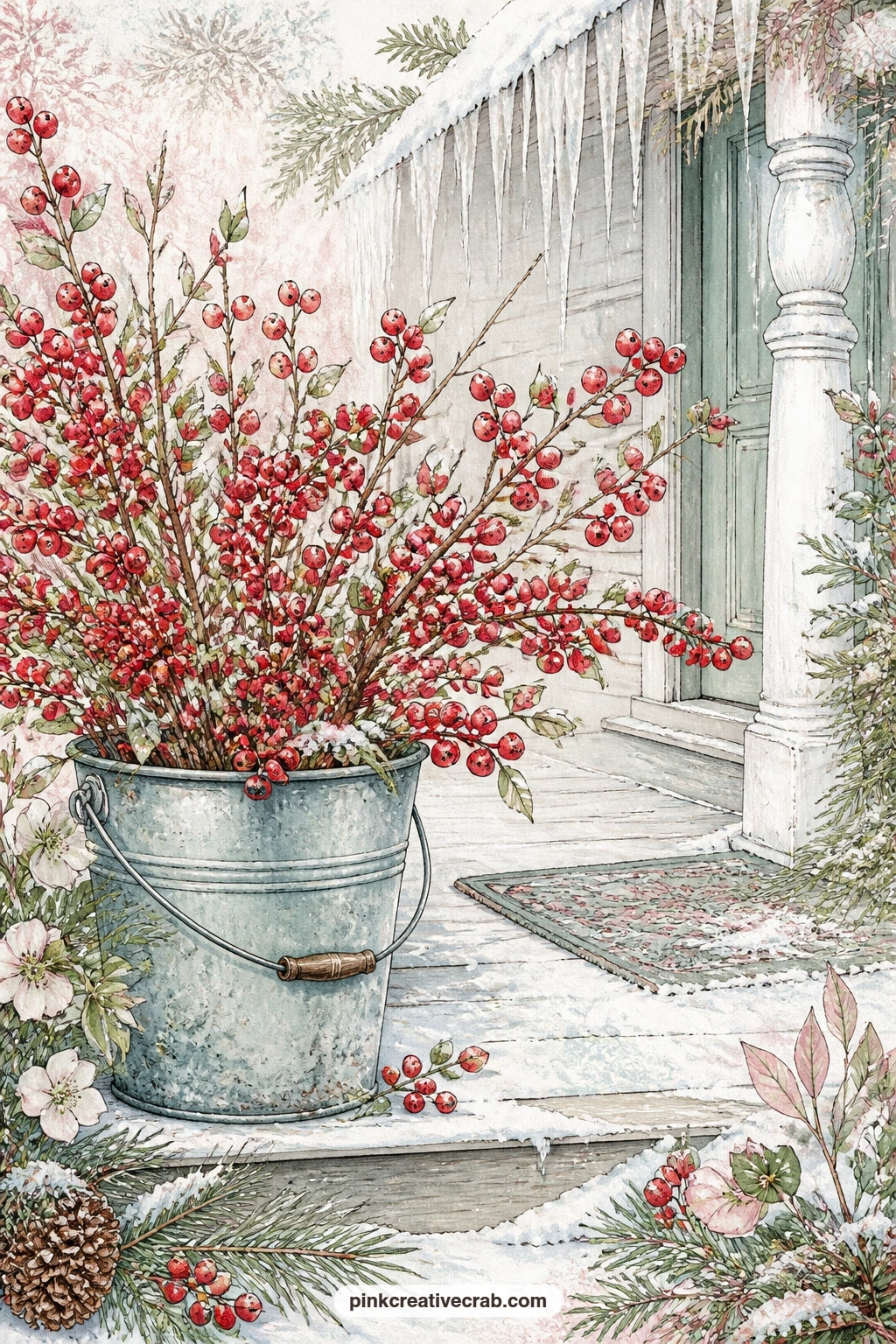 Winterberry By The Porch Step printable page — Tear the right edge of this page roughly before gluing it in, so the snowy porch step seems to break off into