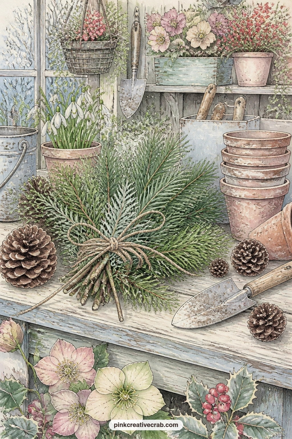 Pine And Cedar On The Potting Bench printable page — Glue a real sprig of dried twine or a small paper tag onto this page, tucked under the bundle of pine and