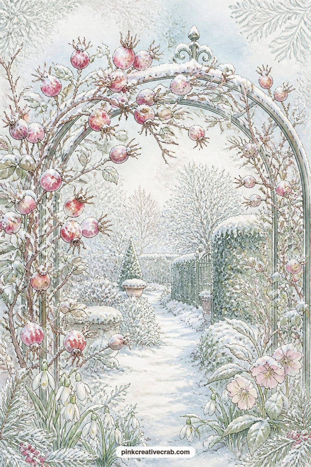 Frosted Rose Hips On The Arch printable page — Frosted rose hips cling to a garden arch dusted with snow, the last bright color left on a bare winter vine.