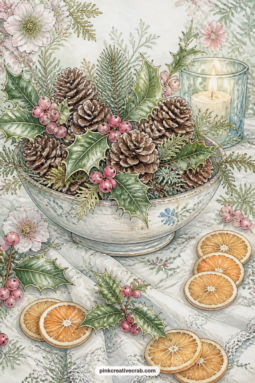 Pinecones Holly And Orange Slices printable page — The usual mistake on a still life like this is crowding the bowl itself with too many objects; keep the bowl