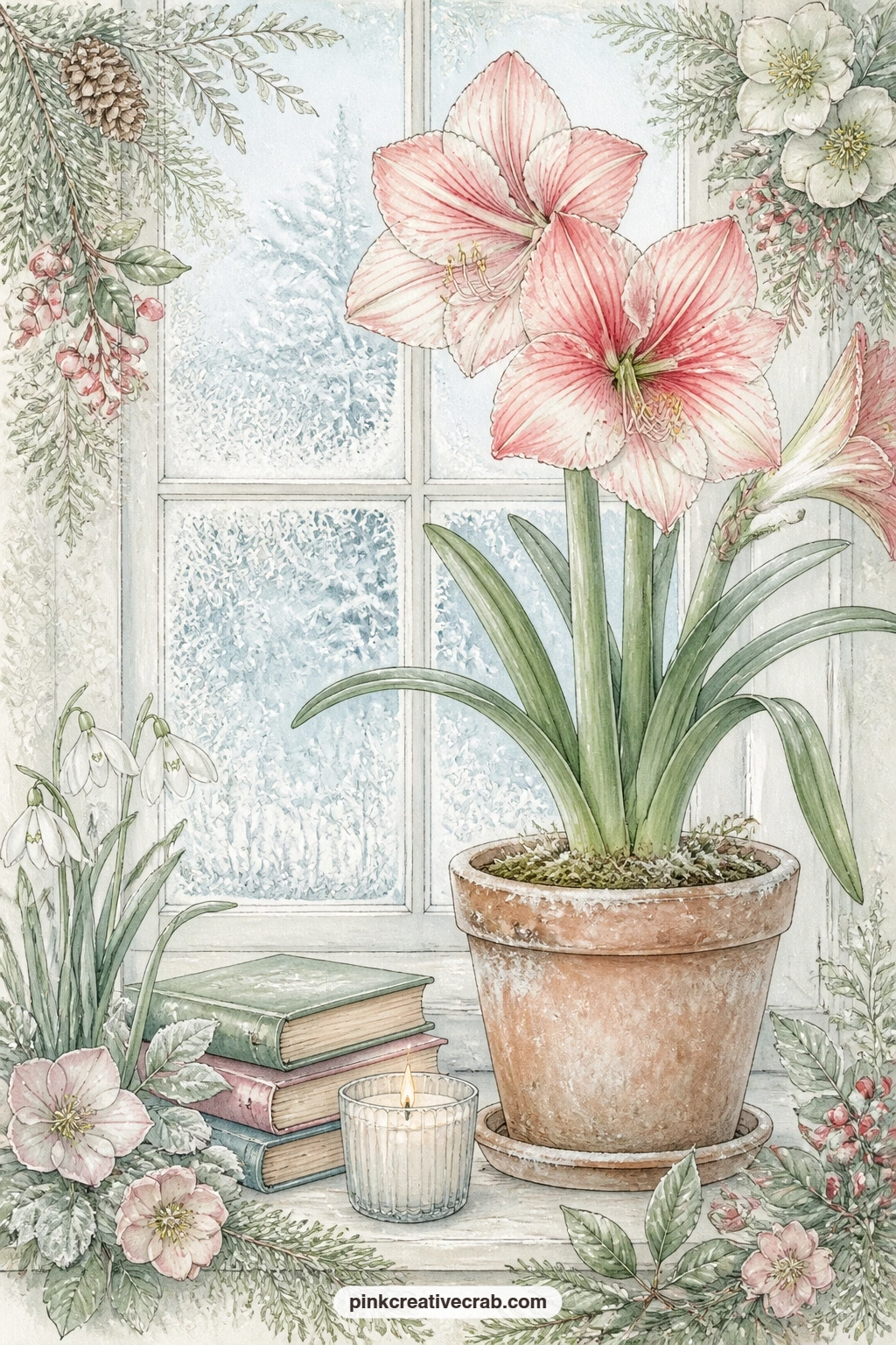 Amaryllis By The Frosty Window printable page — Write a short note here about a plant you are nursing through winter, or leave the space for a pressed