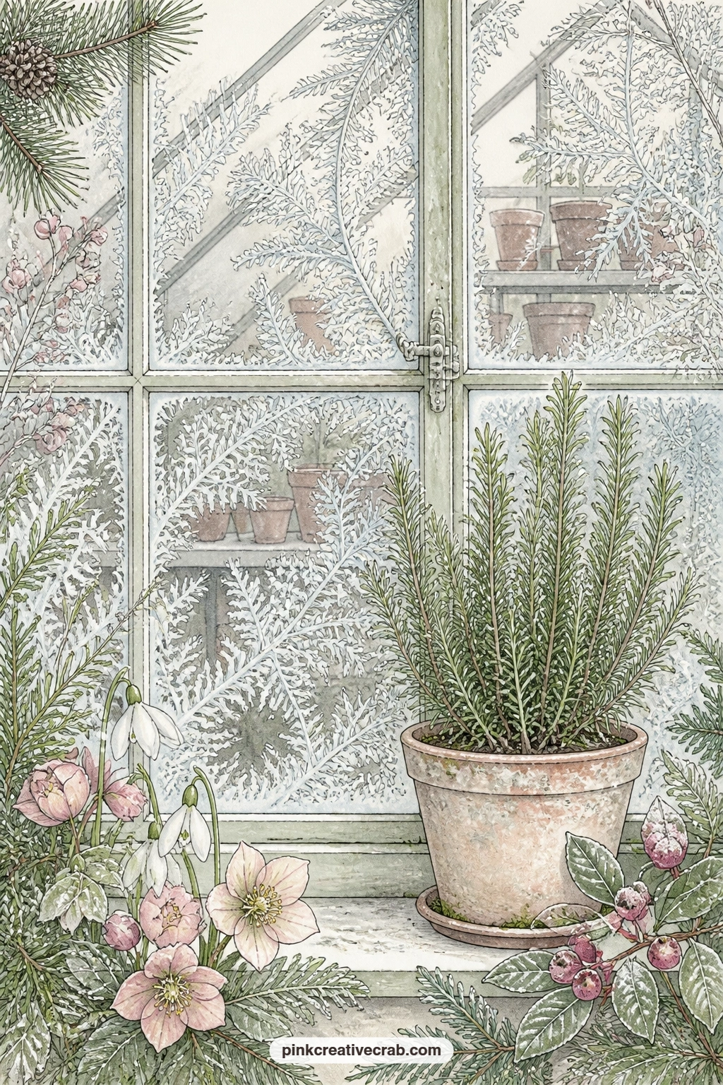 Frost Ferns On The Greenhouse Pane printable page — What question would you ask the plants surviving this cold snap. Winter botanical junk journal