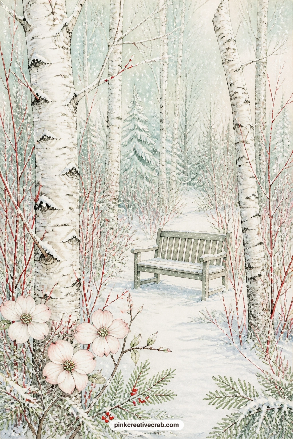 Birch Grove With Dogwood Stems printable page — Keep this spread for the quiet pages of the journal: a wooden bench sits empty among the birches, red dogwood