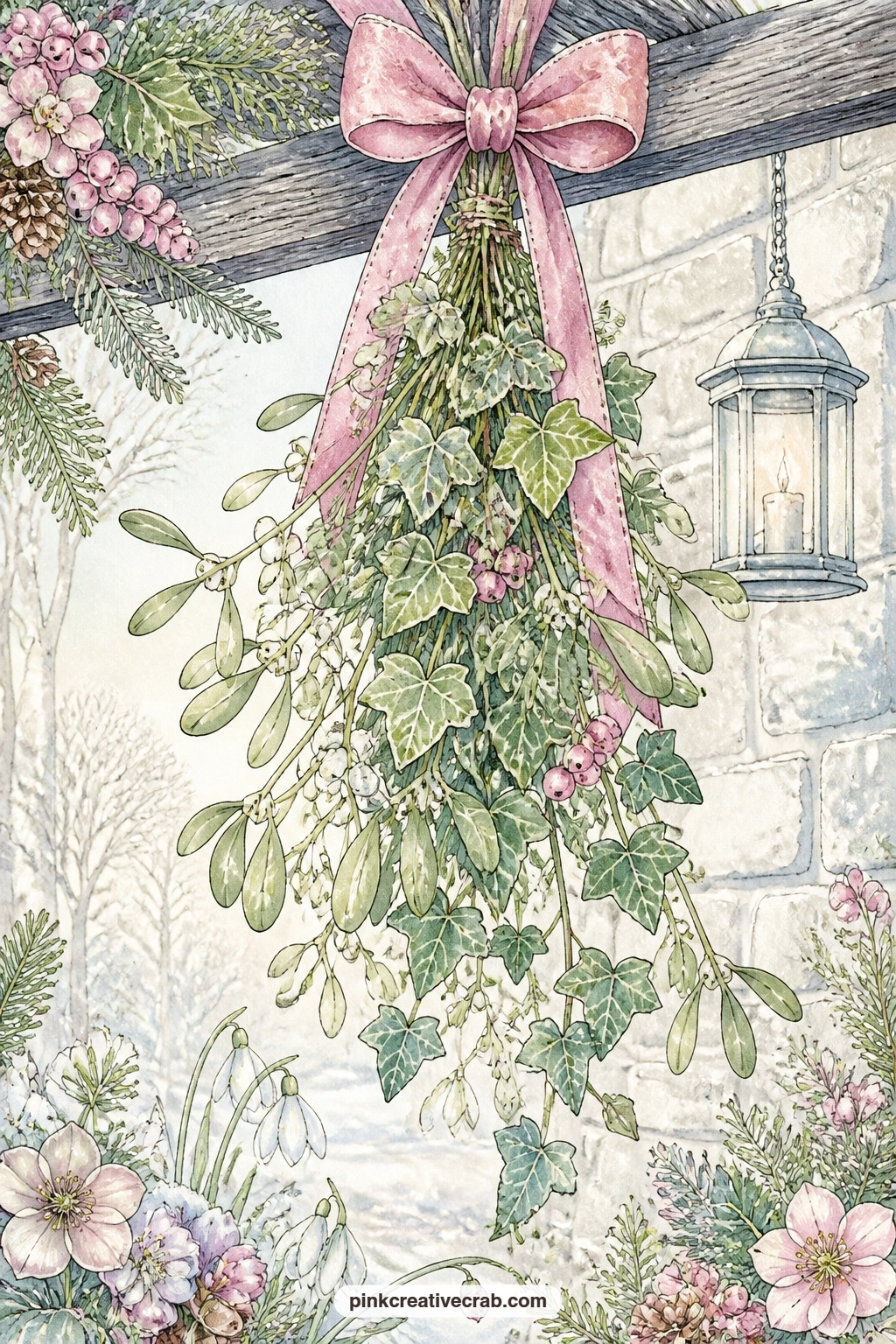 Mistletoe And Ivy From The Beam printable page — Fold this page in half before gluing the spine edge down, so the mistletoe bundle appears to hang forward off