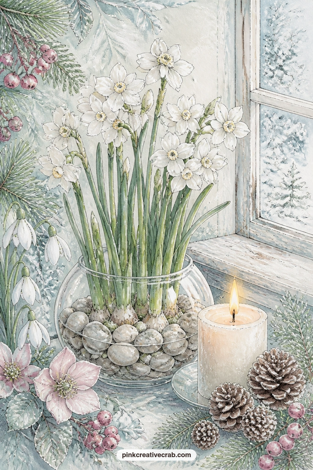 Paperwhites By Candlelight printable page — Paperwhites rise from a glass bowl of pebbles, a lit candle and a small heap of pinecones kept close for company on