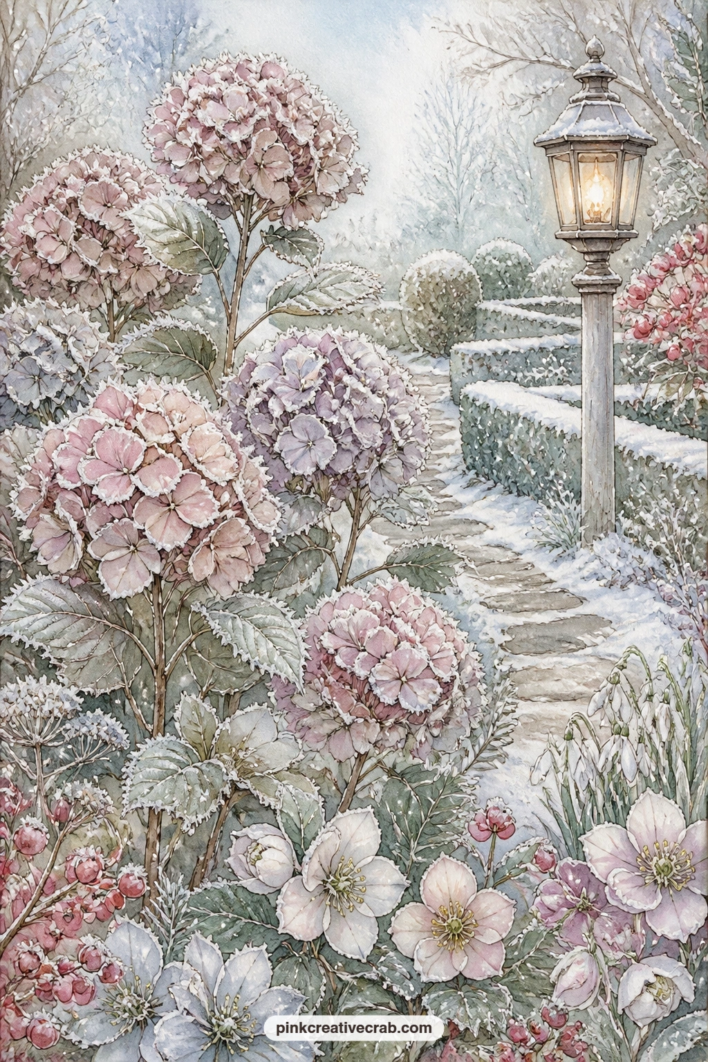 Frosted Hydrangeas In The Cottage Garden printable page — Place this page across from the hellebore corner lined page later in the set, so a reader can glance