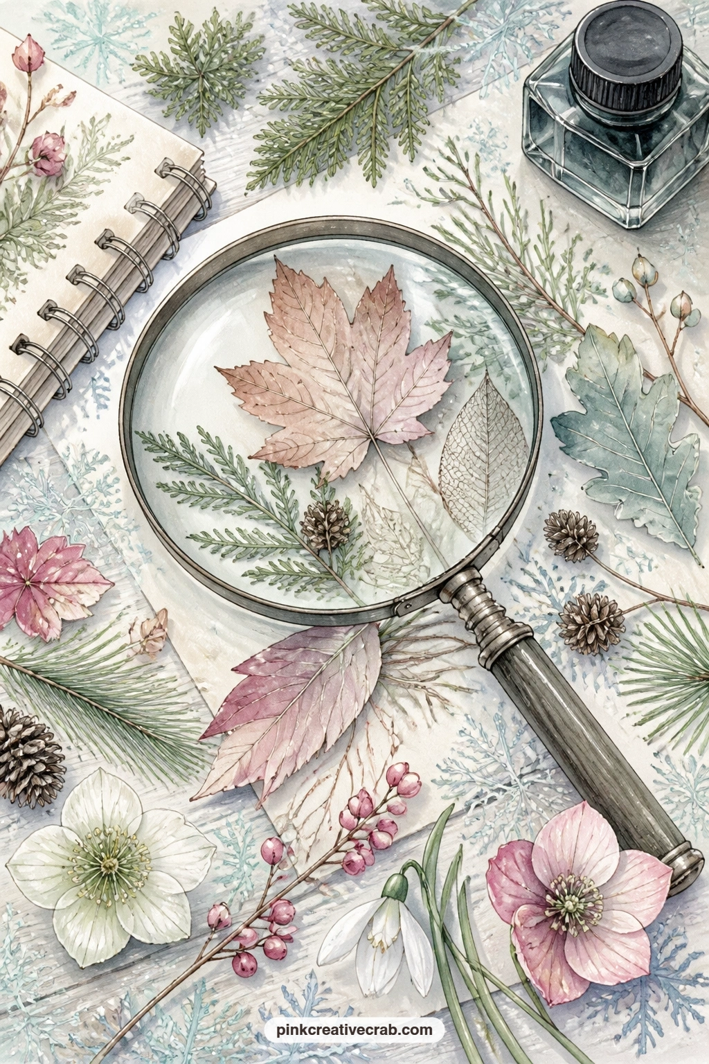 Pressed Leaves Under The Magnifying Glass printable page — If five minutes is all you have, skip the desk details and paint only the magnifying glass over a