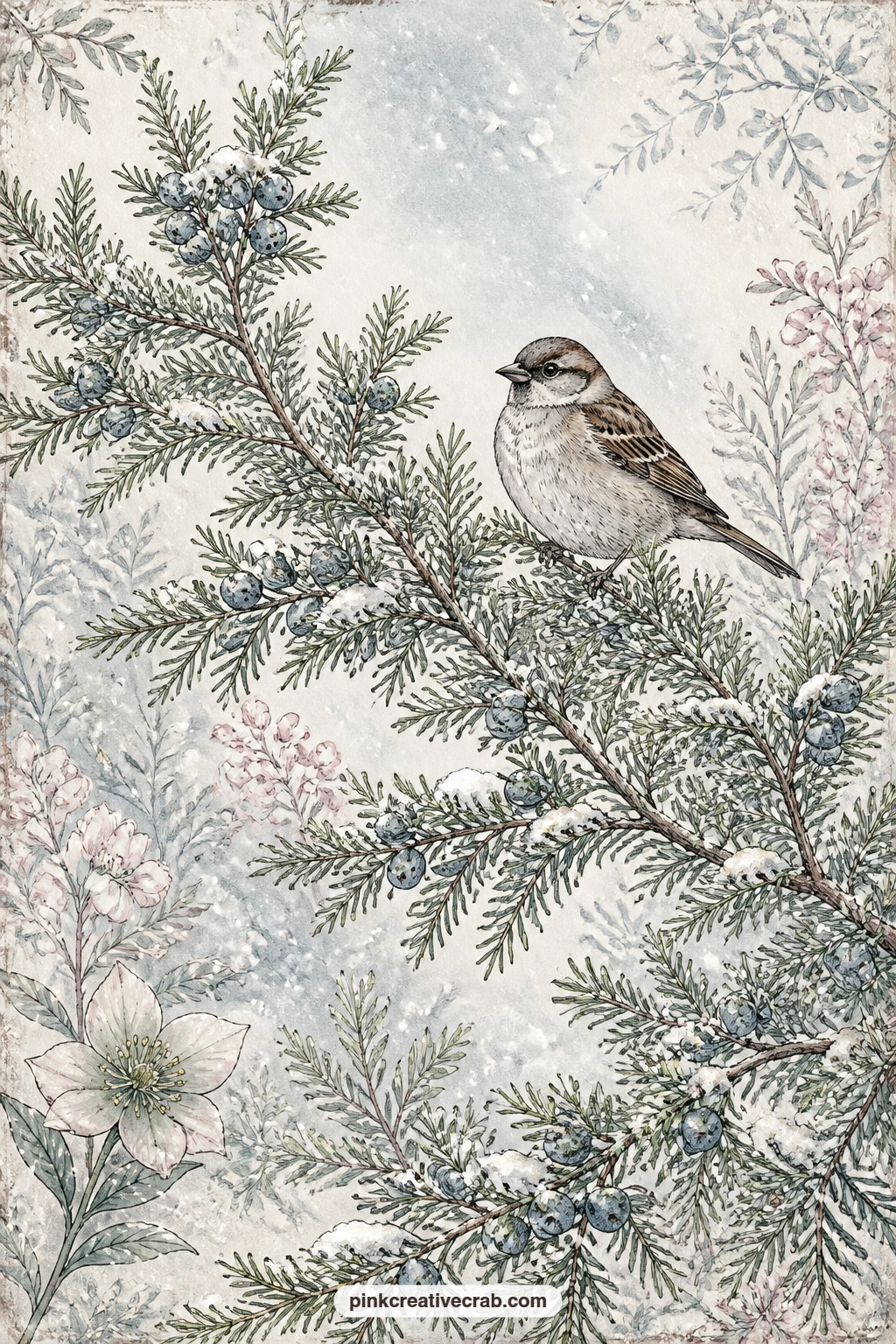 Juniper Branch And Sparrow printable page — A juniper branch holds its blue berries through a light snowfall, and a small sparrow has stopped there to rest a